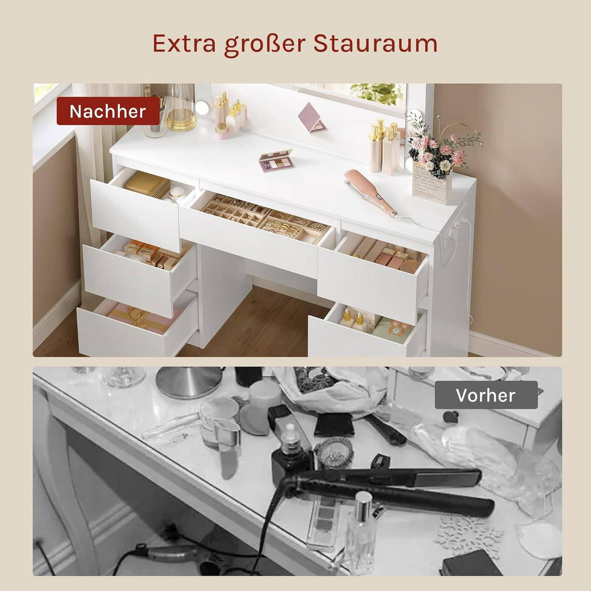 SCHMINKTISCH mit LED-Beleuchtung Steckdose Spiegel, Weiß - Weiß, Glas/Holzwerkstoff (110/140.5/39.5cm) - Woltu