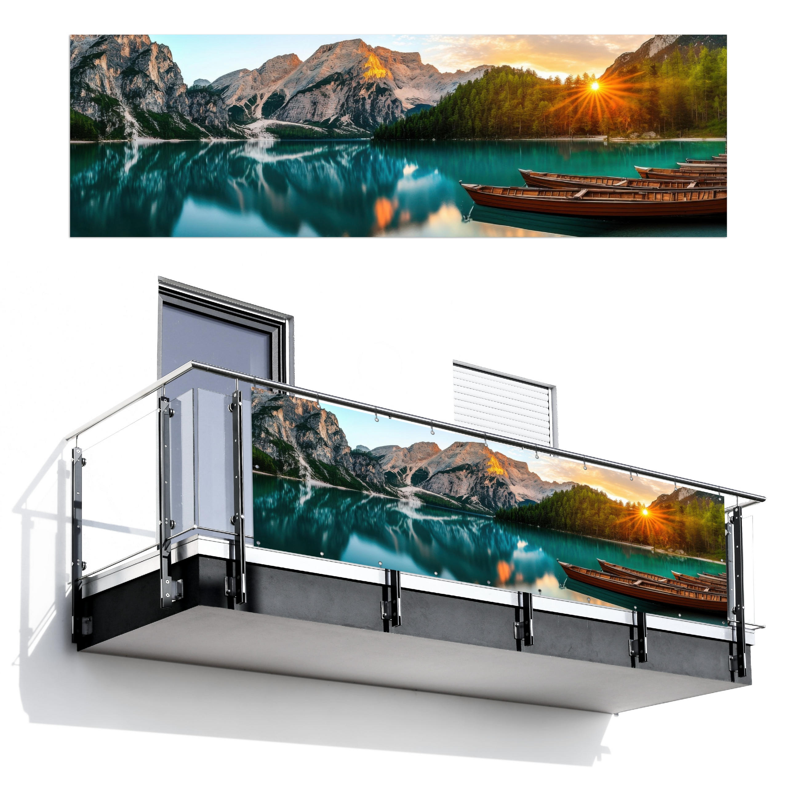 MuchoWow BALKONOVÁ ZÁSTĚNA Jezero - Hory - Západ slunce - Loď 300x90 cm