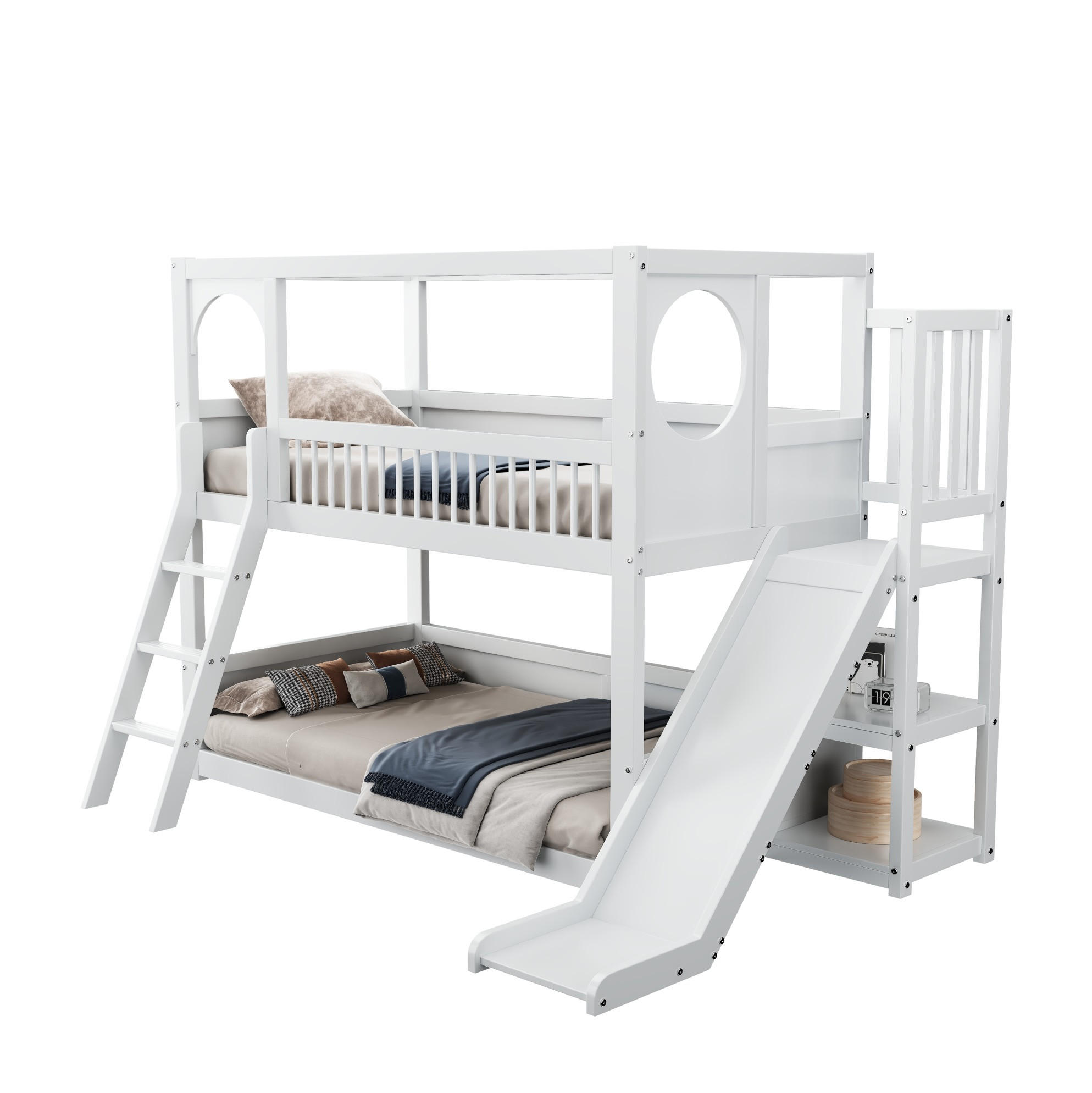 ETAGENBETT 90/200 cm aus Kiefer mit Rutsche und Regalen in Weiß - Weiß, Holzwerkstoff (90/200cm) - BEAOK