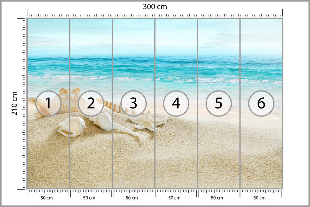 FOTOTAPETA Pre Kúpeľňu Mušle Pláž Piesok Vlny More 300 x 210 cm - biela/béžová, papier (300/210cm) - Muralo