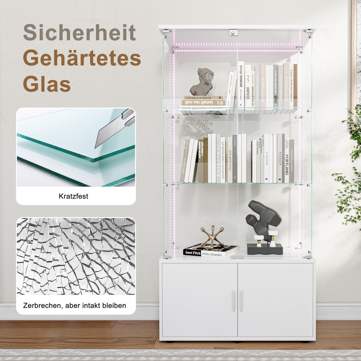VITRINE, Doppelglasfront, 3 Glasböden, Unterschrank mit Doppeltüren, LED-Lichtleiste, Weiß - Weiß, Glas/Holz (78.51/164/35cm) - BRILVERDE