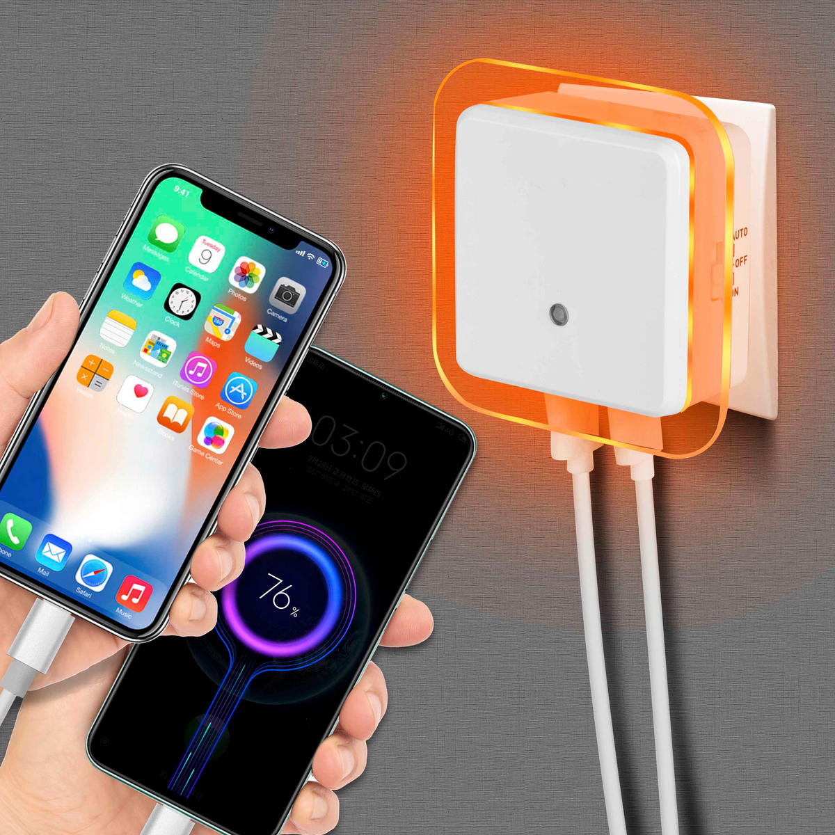 LED-NACHTLICHT - Bernsteinfarben mit Dämmerungssensor und 2 USB-Anschlüssen für Schlafzimmer und Flur, 2er-Set - Weiß, Kunststoff (6.8/9.2/9.2cm) - Northpoint
