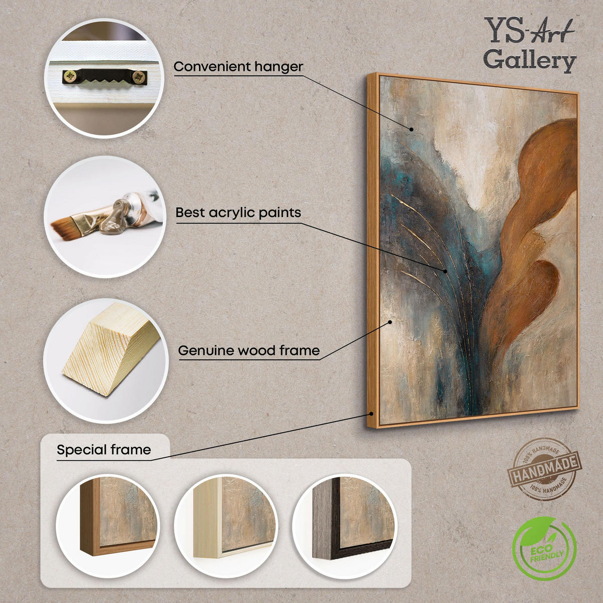 GEMÄLDE Wind und Gold Schattenfugenrahmen Beige 140x100 cm - Beige, Holz (140/100cm) - YS-art gallery