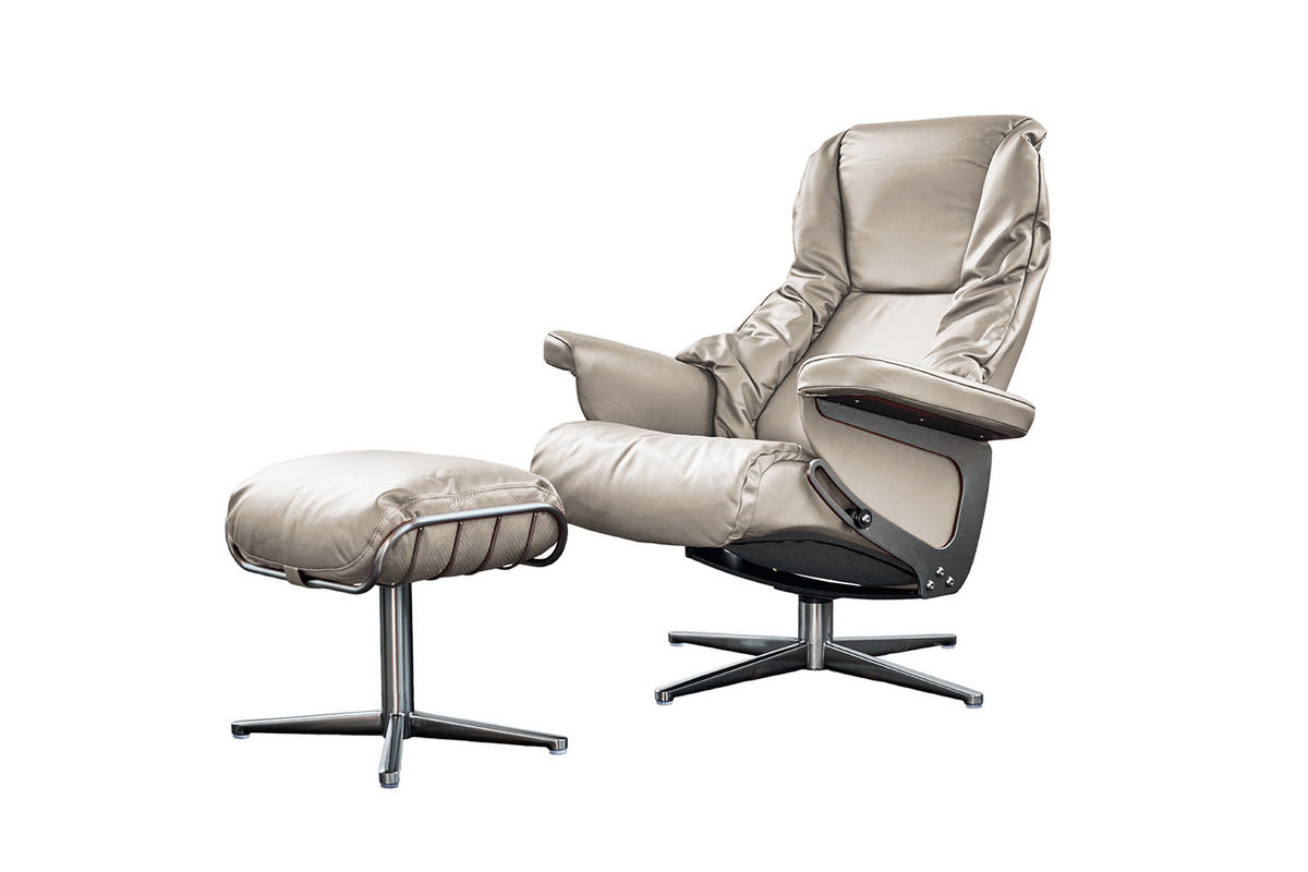 RELAXSESSEL MIT HOCKER MODO Hellgrau Leder - Silberfarben/Hellgrau, Leder/Metall (81/98/90cm) - KAWOLA