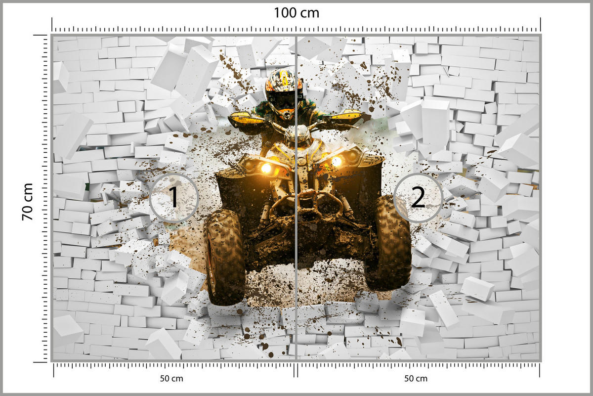 FOTOTAPETE für Büro Schlammbedecktes Quad Durchbricht Backsteinmauer 100x70 - Gelb/Beige, Papier (100/70cm) - Muralo