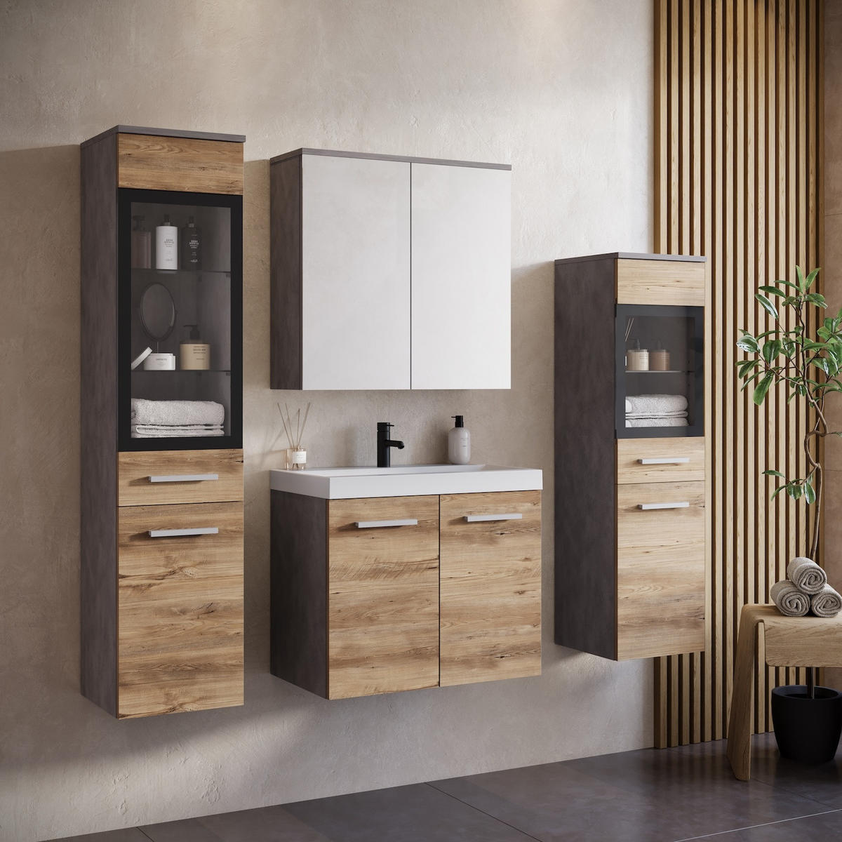 BADMÖBEL-SET Mirano 5 Teile Kastanien Eiche / Grau - 60 x 35 x 51 cm - Eichefarben/Grau, Holz (60/47/35cm) - Badplaats