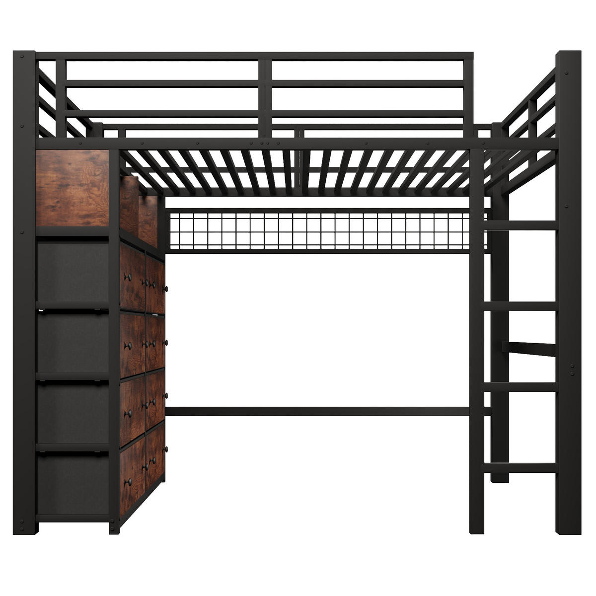 HOCHBETT 140/200 cm in Schwarz mit 8 Schubladen, Regalen, Lochwand und LED - Schwarz, Holzwerkstoff/Metall (140/200cm) - CHICFURN
