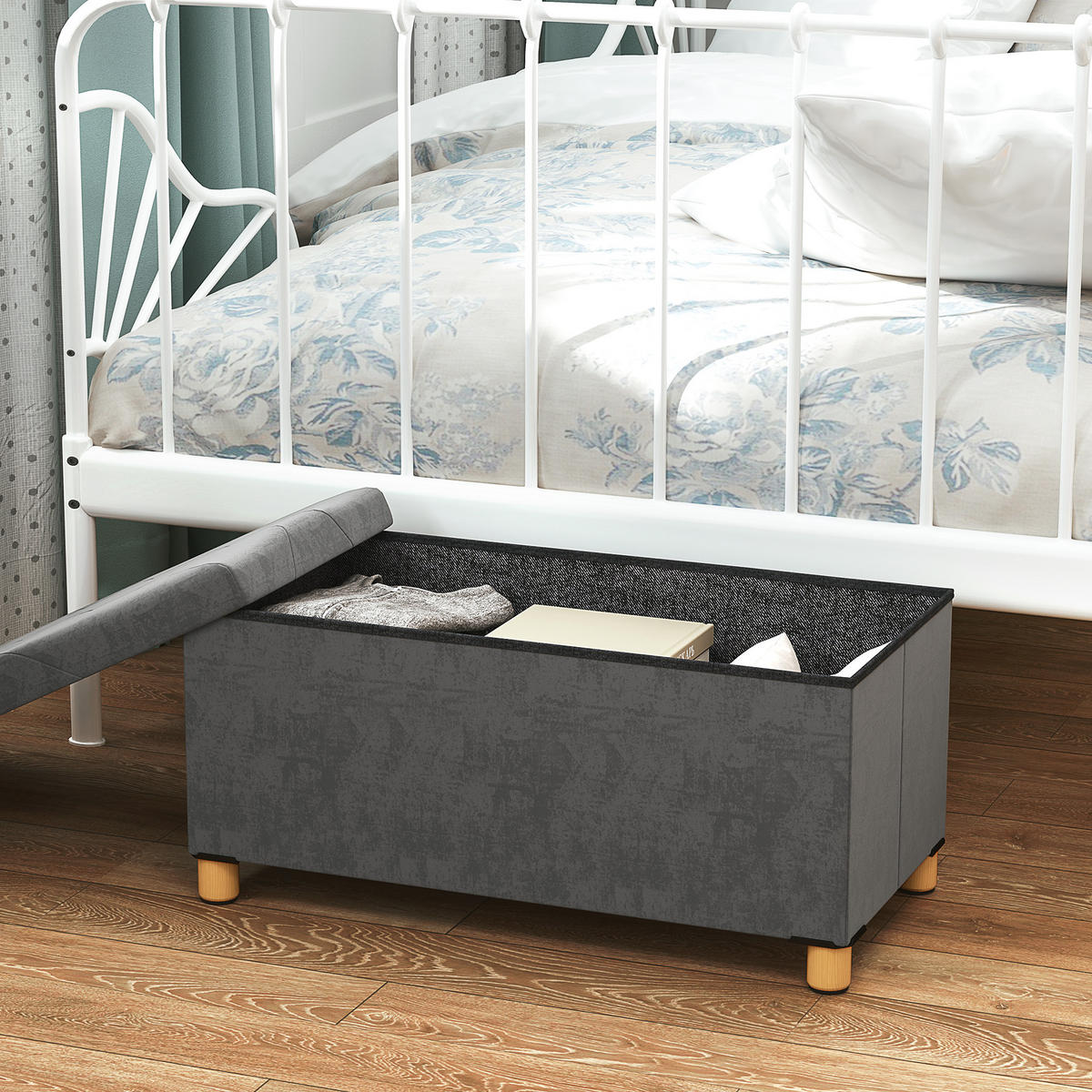 SITZBANK mit Stauraum, faltbar Polsterbank, Bettbank mit Samtoptik, Sitztruhe - Grau, Kunststoff (38/38/76cm) - HOMCOM