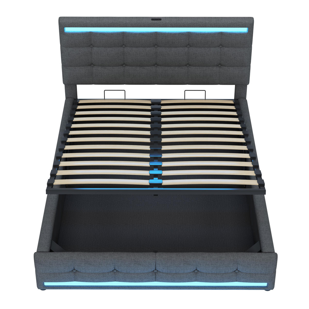 POLSTERBETT 140/200 cm grau mit LED-Beleuchtung und Stauraum - Grau, Textil (140/200cm) - OKWISH