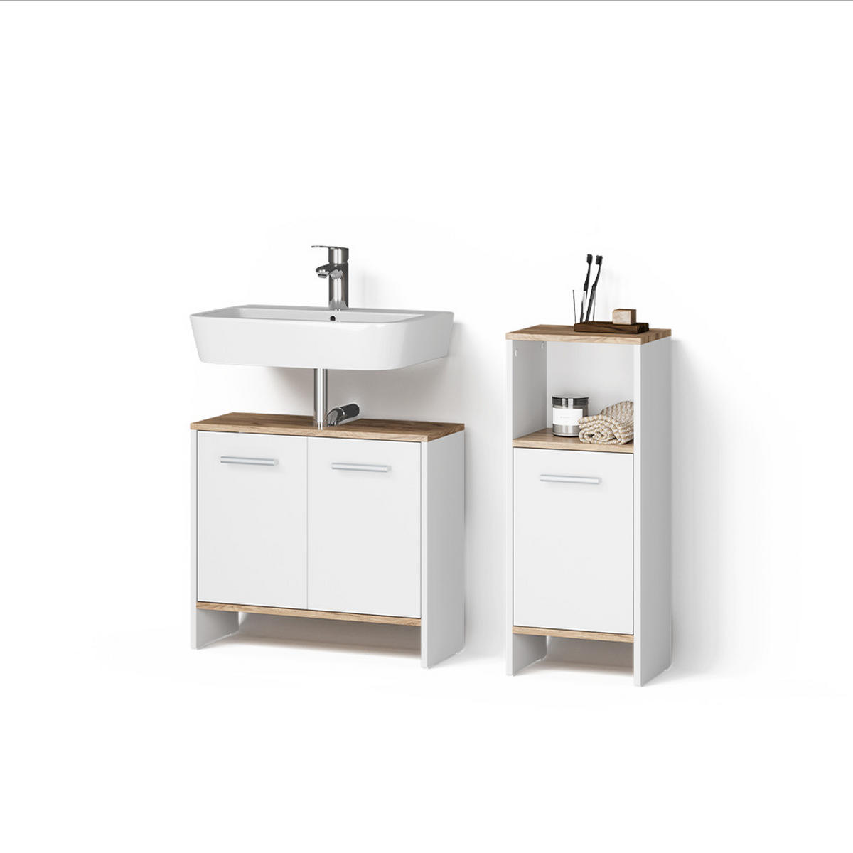 BADEZIMMERMÖBEL-SET Amalfi Weiß/Goldkraft Eiche 2 Teile - Honigeiche/Weiß, Holzwerkstoff (63.8/57/26.3cm) - Livinity®