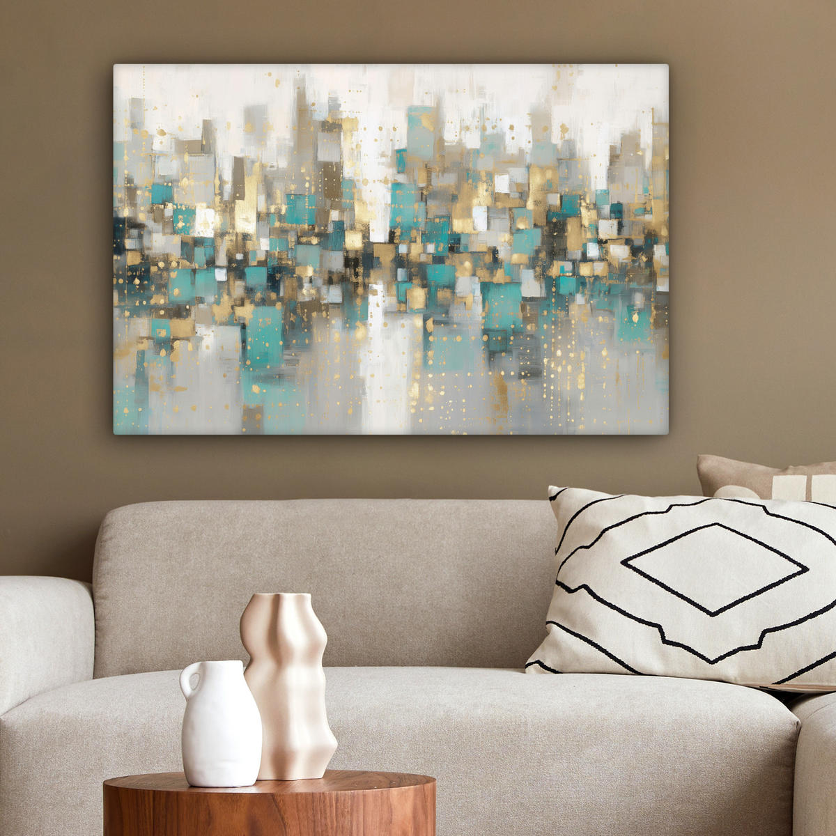 LEINWANDBILD Abstrakt - Blöcke - Gold - Skyline Wanddeko 90x60 cm - Beige, Textil (90/60cm) - MuchoWow