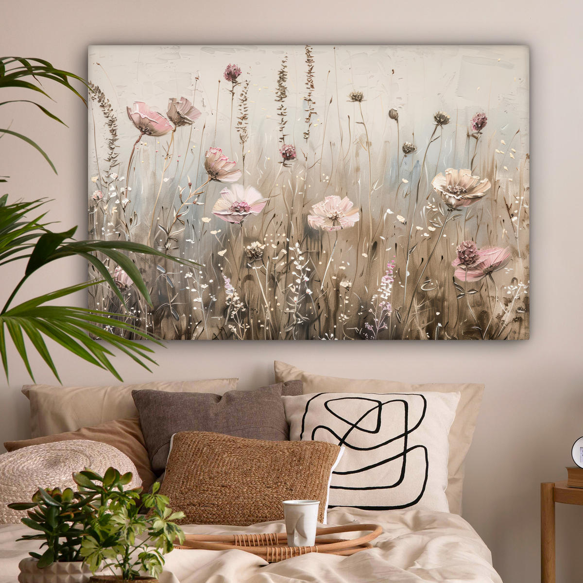 LEINWANDBILD Blumen - Rosa - Modern - Beige Wohnzimmer 120x80 cm - Beige, Textil (120/80cm) - MuchoWow