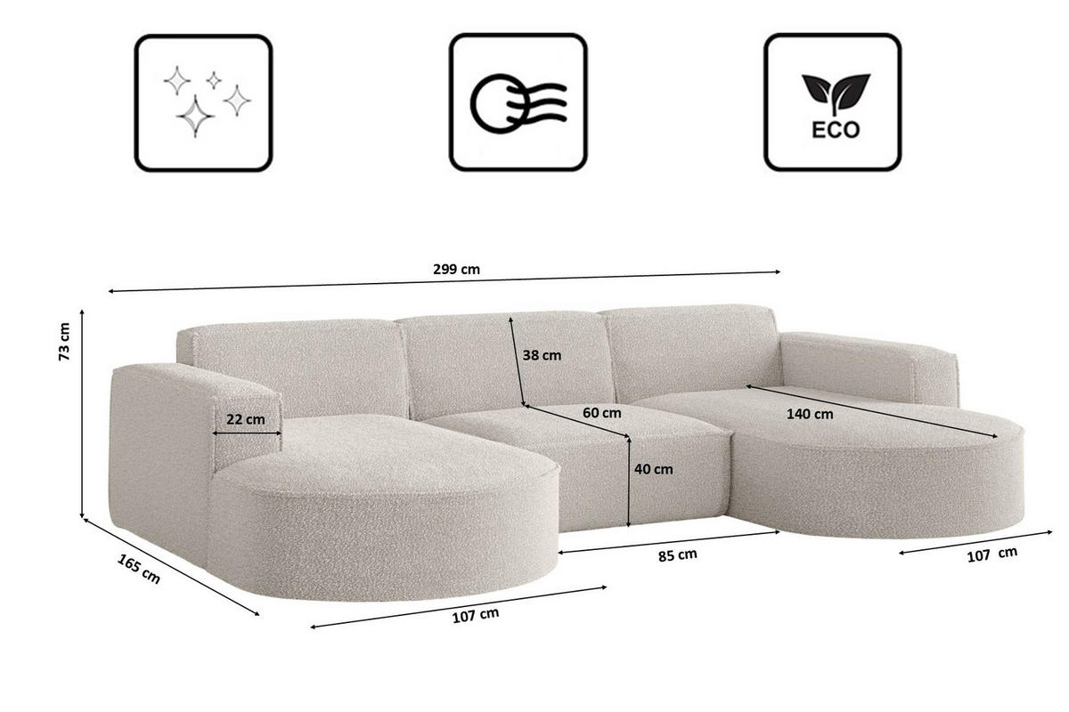 ECKSOFA Designer, Sofa U Form MODENA Stoff Loop Creme - Creme, Holz/Textil (299/165cm) - Kaiser Möbel