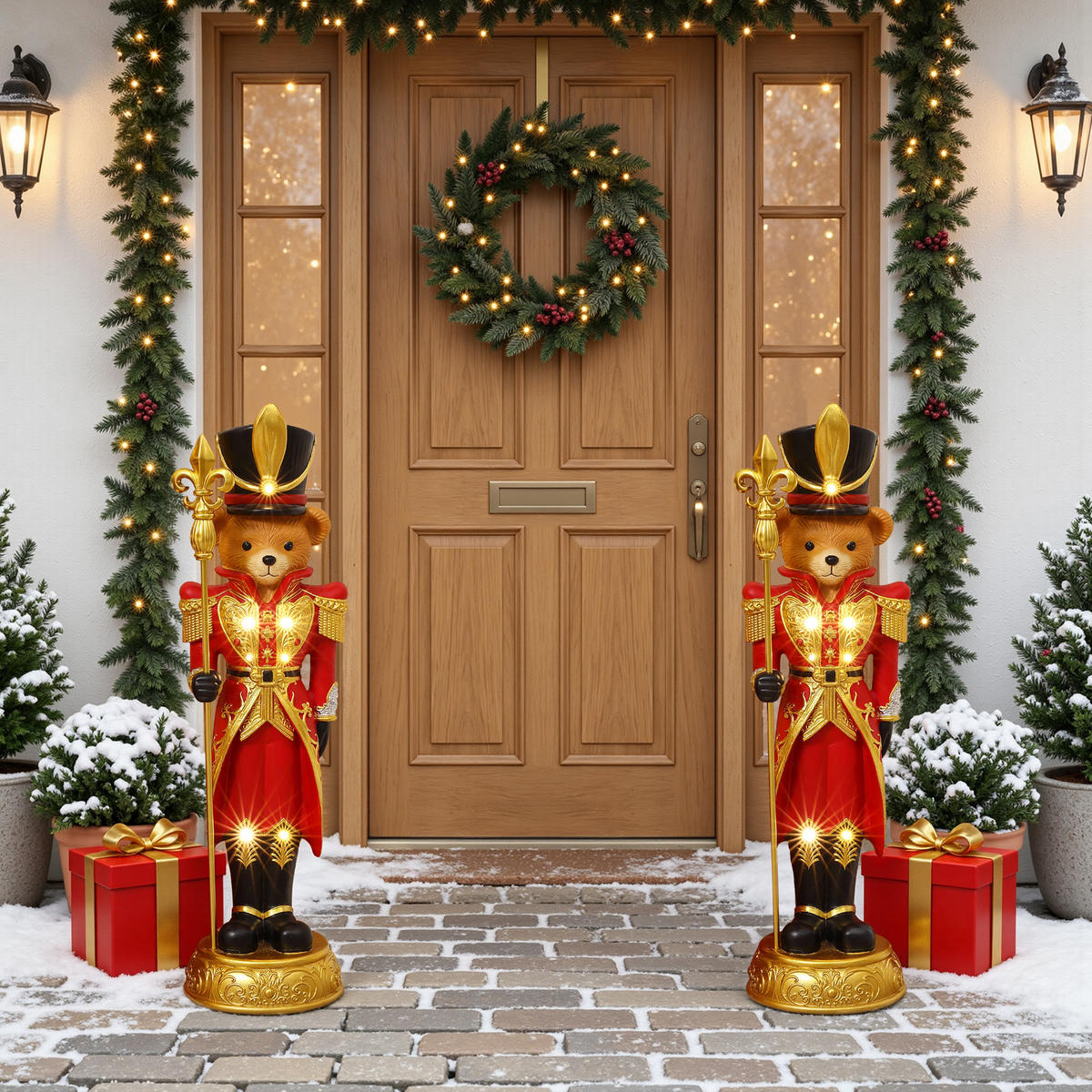 HOMETOPIA Nussknacker Bär Figur 91,5 cm, Weihnachtsdeko mit LED & Timer - Dunkelrot, Naturmaterialien (25/91/27.5cm) - Hometopia