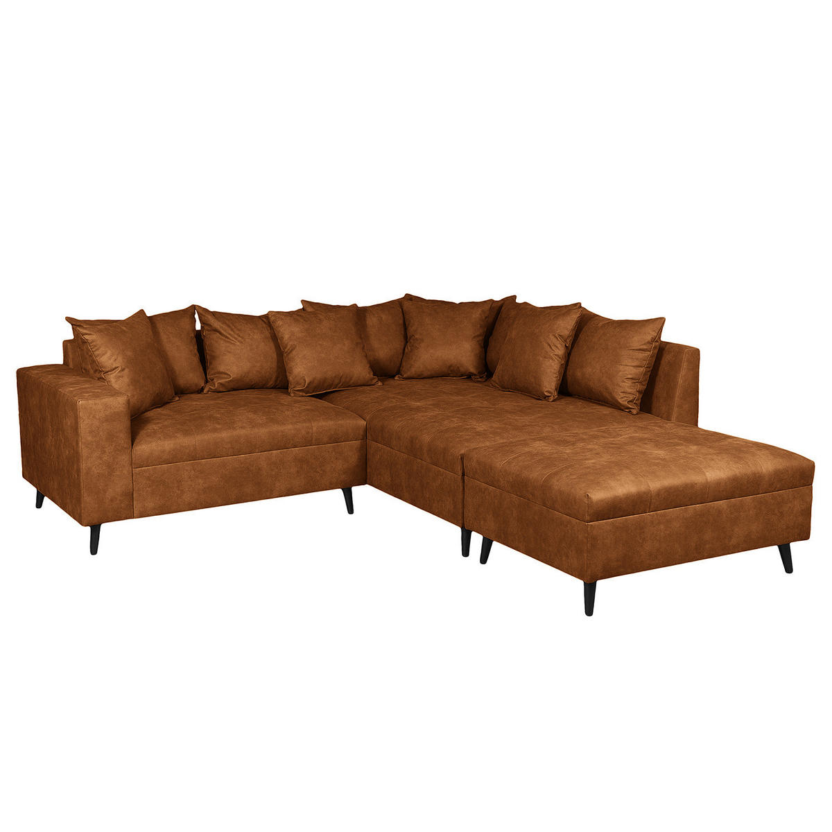ECKSOFA mit Ottomane und Hocker - Cognac/Schwarz, Birkenholz/Textil (247/174cm) - home24