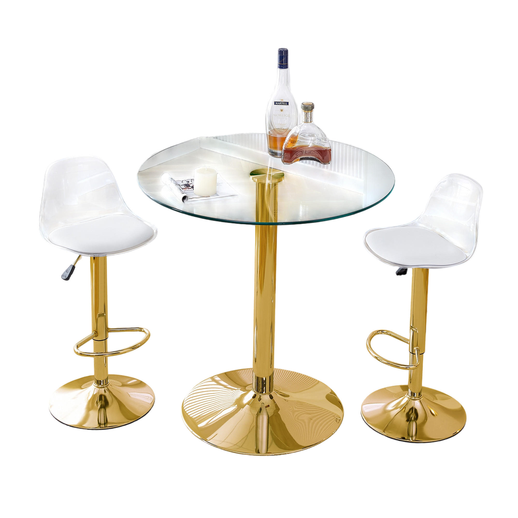 BARTISCH-SET DE-39347 3-teilig, Glastisch und 2 Hocker Gold - Goldfarben, Metall (89/92/89cm) - ComfortXL