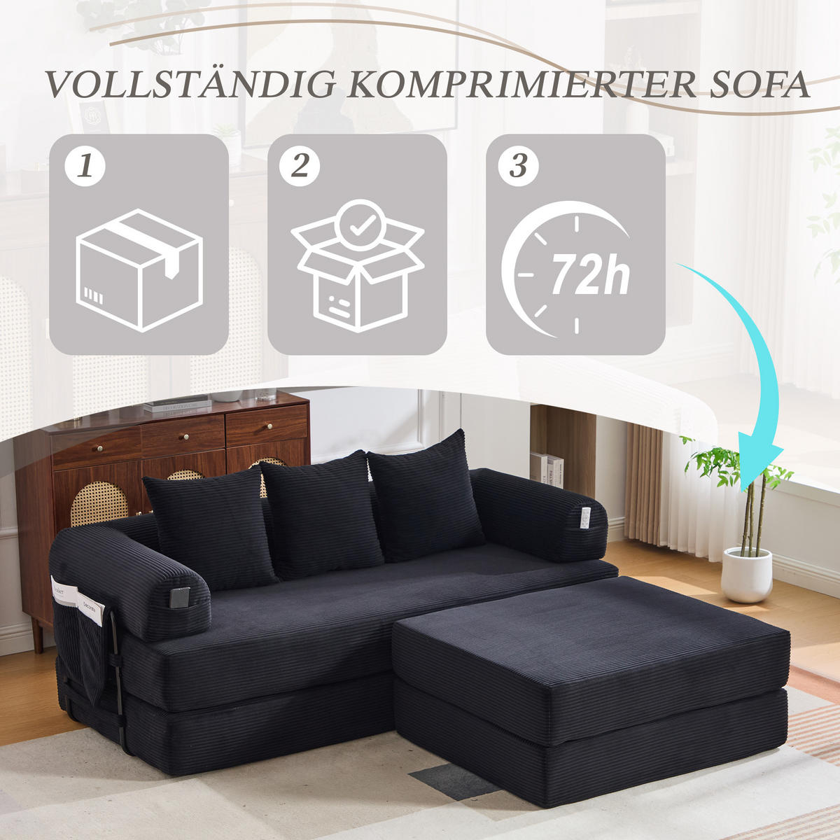 ECKSOFA Cord Schwarz mit Seitentasche und 3 Kissen - Schwarz, Textil/Metall (218/285cm) - WISHDOR