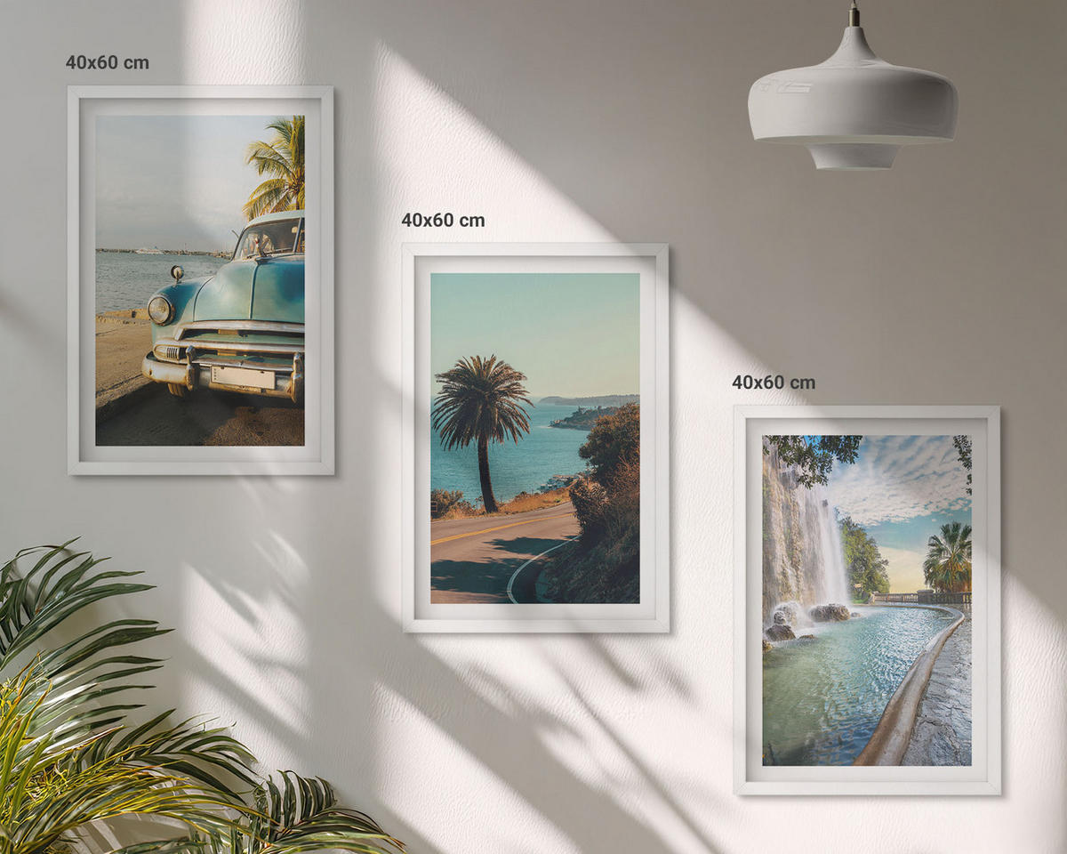 WANDBILDER 3er-Set - 40x60 cm Weißer Rahmen - Urlaub Palmen Wasserfall - Weiß, Kunststoff (40/60cm) - ArtPrintCave