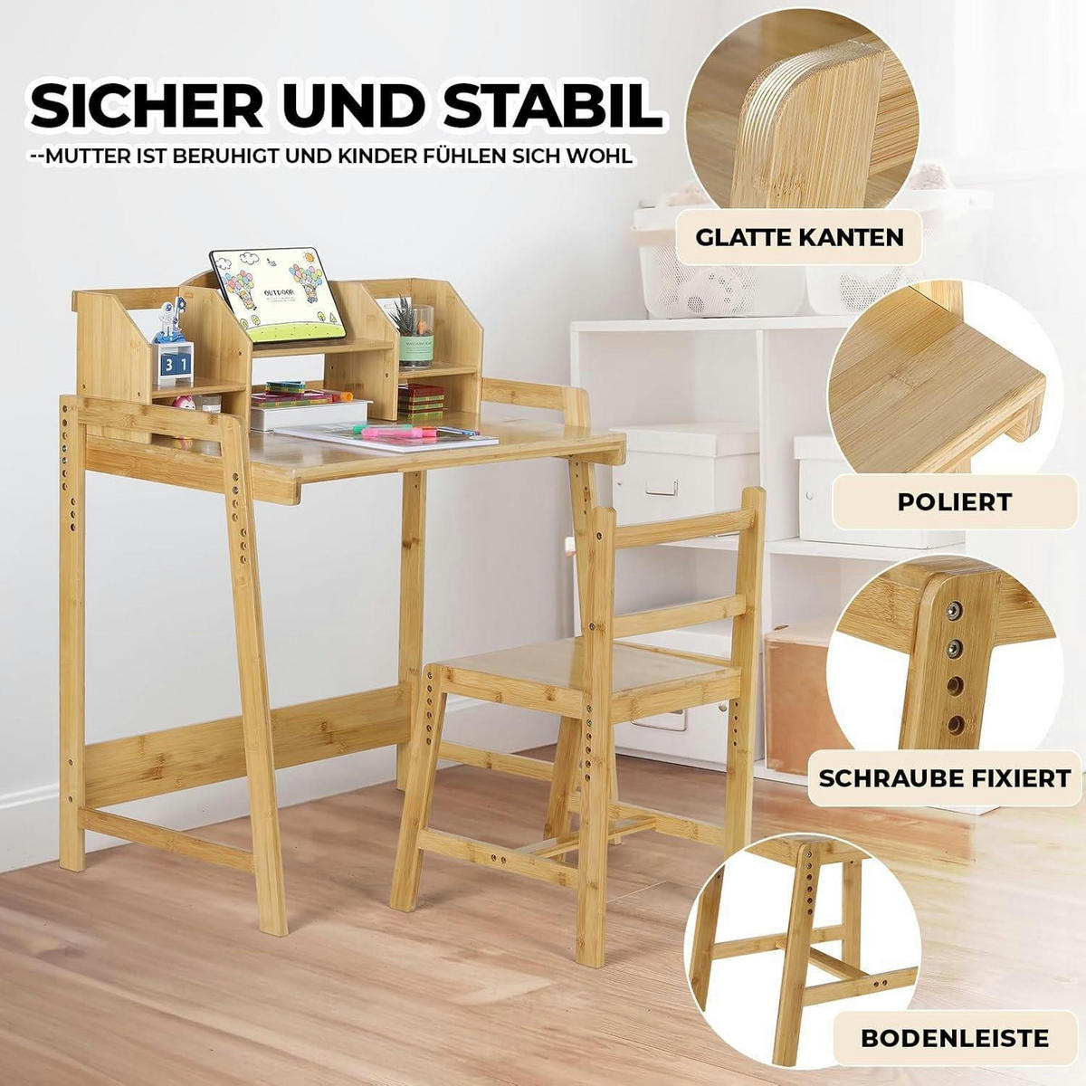 KINDERSCHREIBTISCH-SET Bambus höhenverstellbar mit Stuhl und Stauraum - Hellbraun, Naturmaterialien (80/95/50cm)