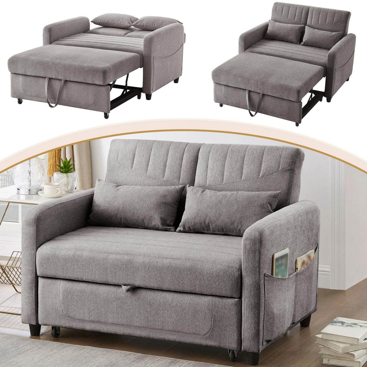 SCHLAFSOFA Baumwoll-Leinen mit Ausziehfunktion und verstellbarer Rückenlehne Grau 114/77/82,5 cm - Grau, Textil (77/82.5/114cm) - Redom