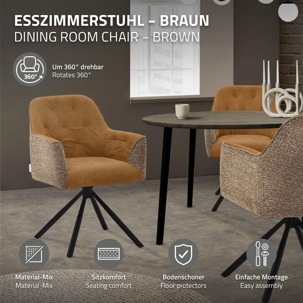 ESSZIMMERSTÜHLE 2er Set drehbar Küchenstühle gepolstert aus Webstoff-Kunstleder Braun - Schwarz/Braun, Textil/Metall (62/81/65cm) - ML-DESIGN