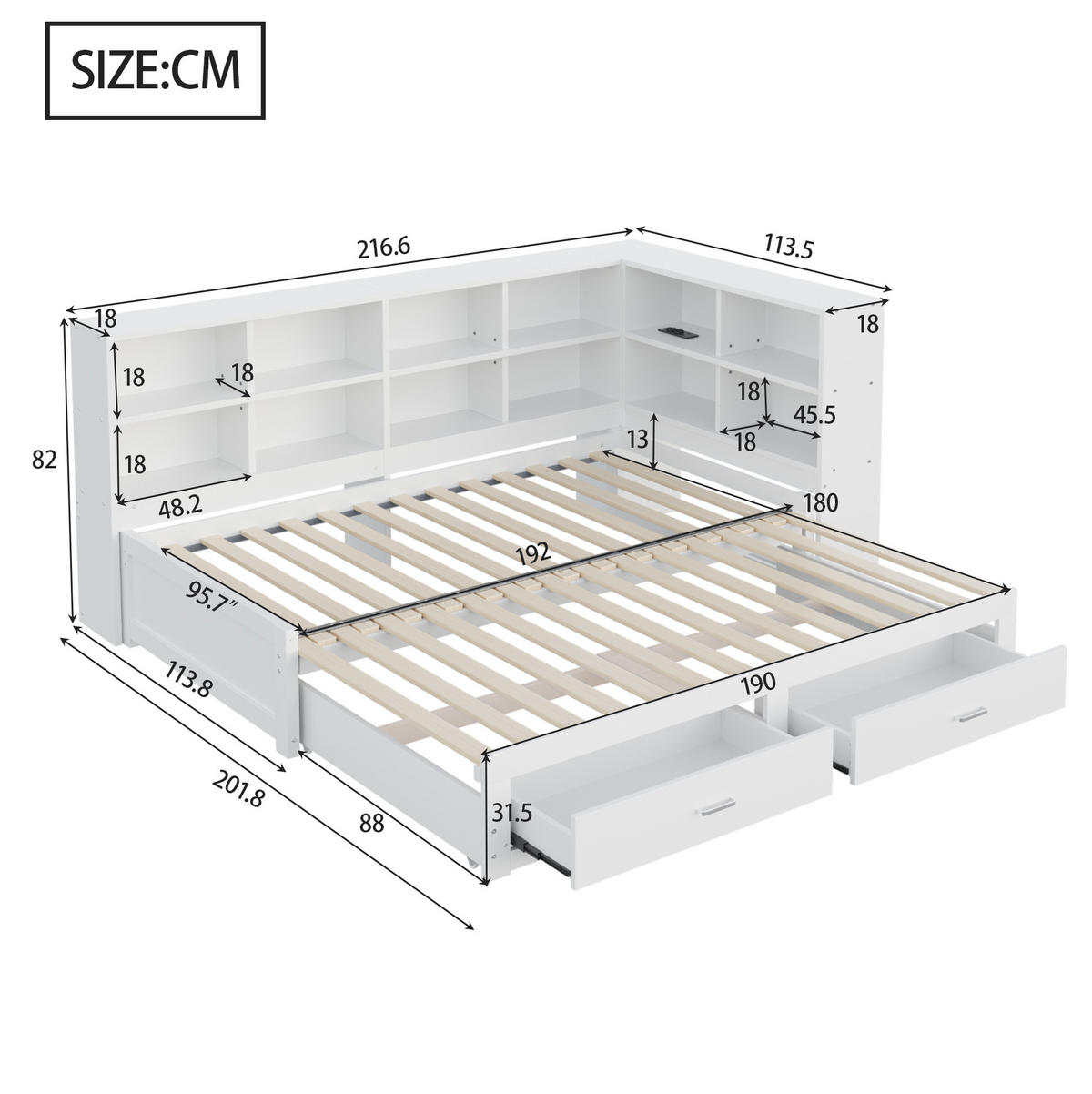 BETT 90/180/190 cm Weiß aus Holz mit Stauraum und Bett - Weiß, Holzwerkstoff (90/190cm) - OKMYHOME