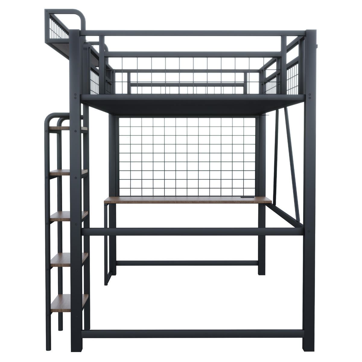 HOCHBETT 90/200 cm in Schwarz mit Schreibtisch, Ablagekorb, LED und Steckdose Metall-Design - Schwarz, Holzwerkstoff/Metall (90/200cm) - STILVORA