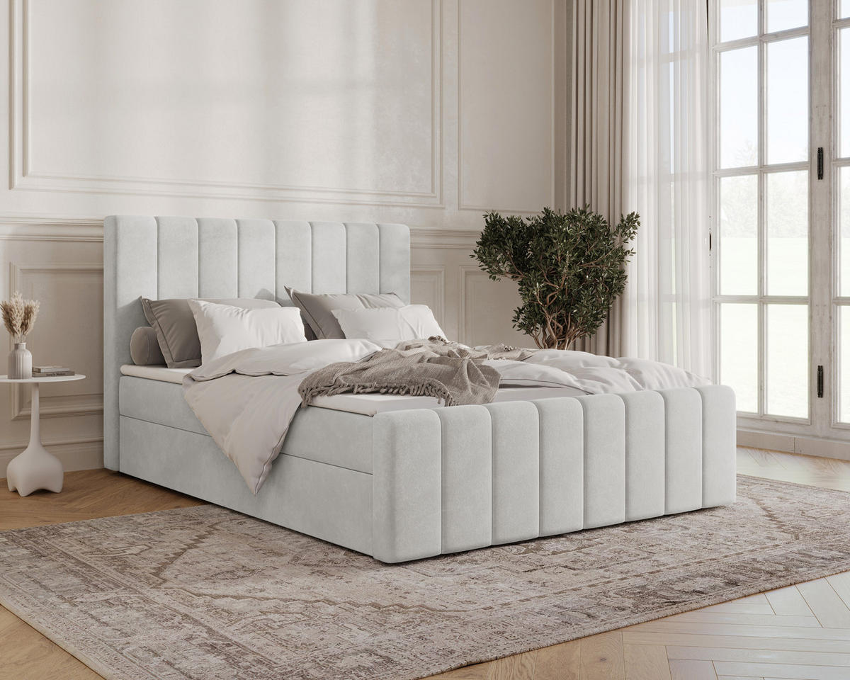 BOXBETT 01 BIS 140 x 200 cm - Manila - Modernes Polsterbett mit Bettkasten inkl. PU-Schaum-Topper und Federmechanismus - Silberfarben, Holz (140/200cm) - ROYAL24_MARKT