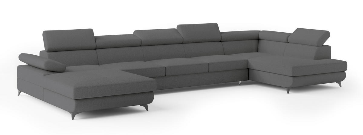 WOHNLANDSCHAFT MONTIVA Grau Boucle-Stoff mit Schlaffunktion - Grau, Holz (410/89/190cm) - MASSENO