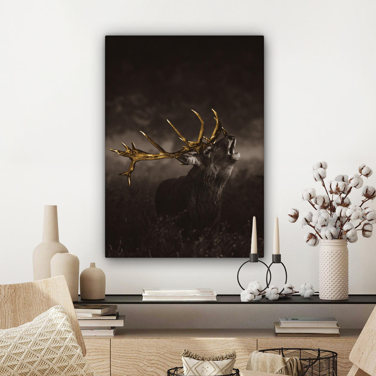 LEINWANDBILD Rotwild - Schwarz - Gold Wandbild Wohnzimmer 60x80 cm - Braun, Textil (60/80cm) - MuchoWow