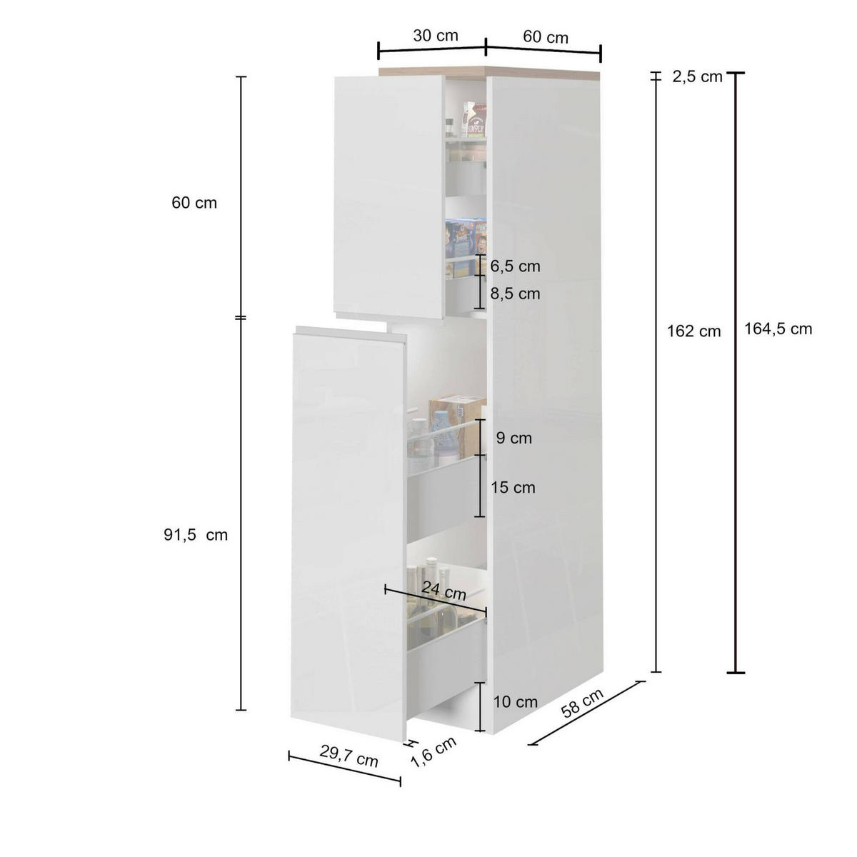 KÜCHENSCHRANK Glänzendes Weiß, Eiche 60/30/165 cm - Eichefarben/Weiß, Holzwerkstoff (30/165/60cm) - DMORA