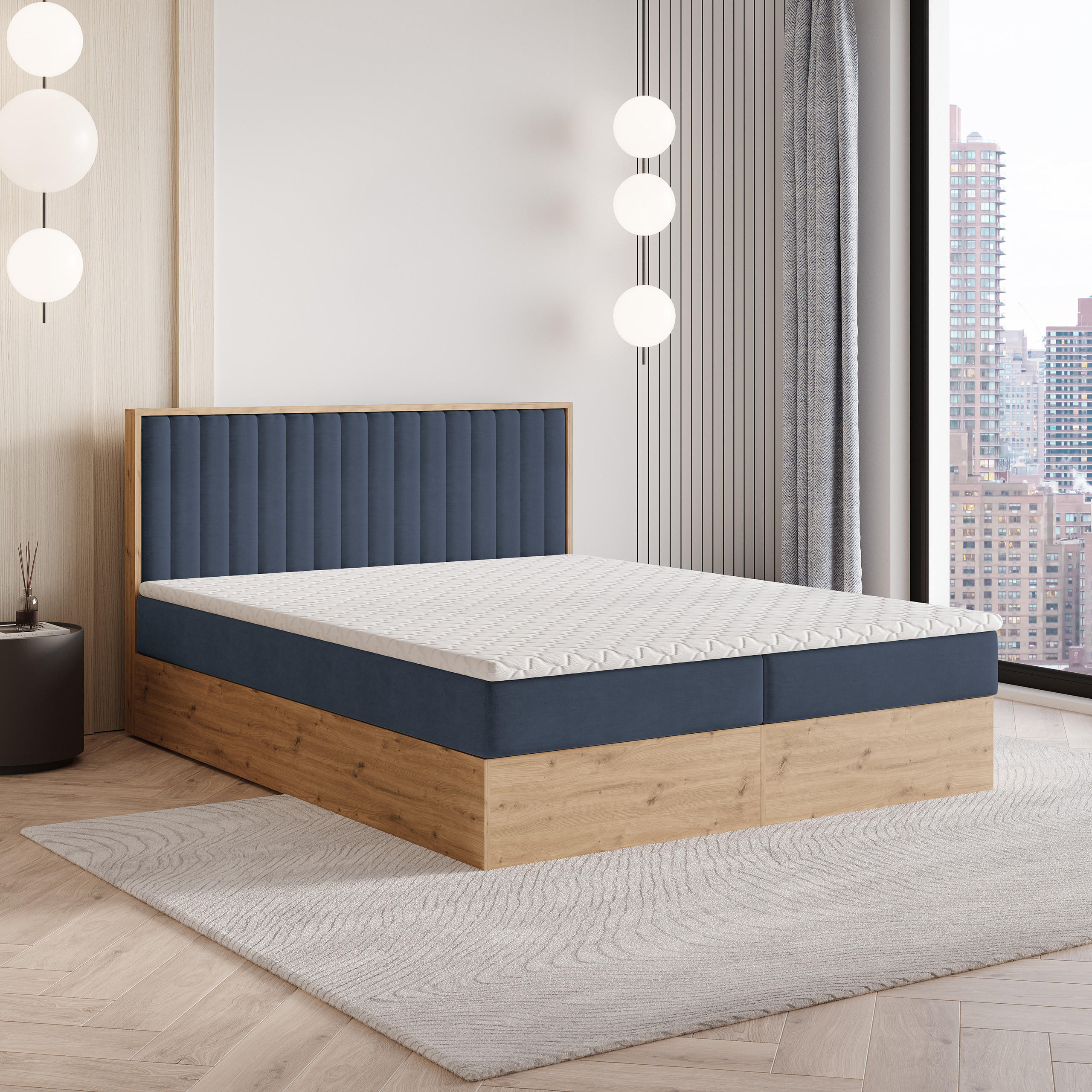 BOXBETT VARELI 140x200 cm mit Matratze und Topper - Blau - Blau, Holz (140/200cm) - MASSENO