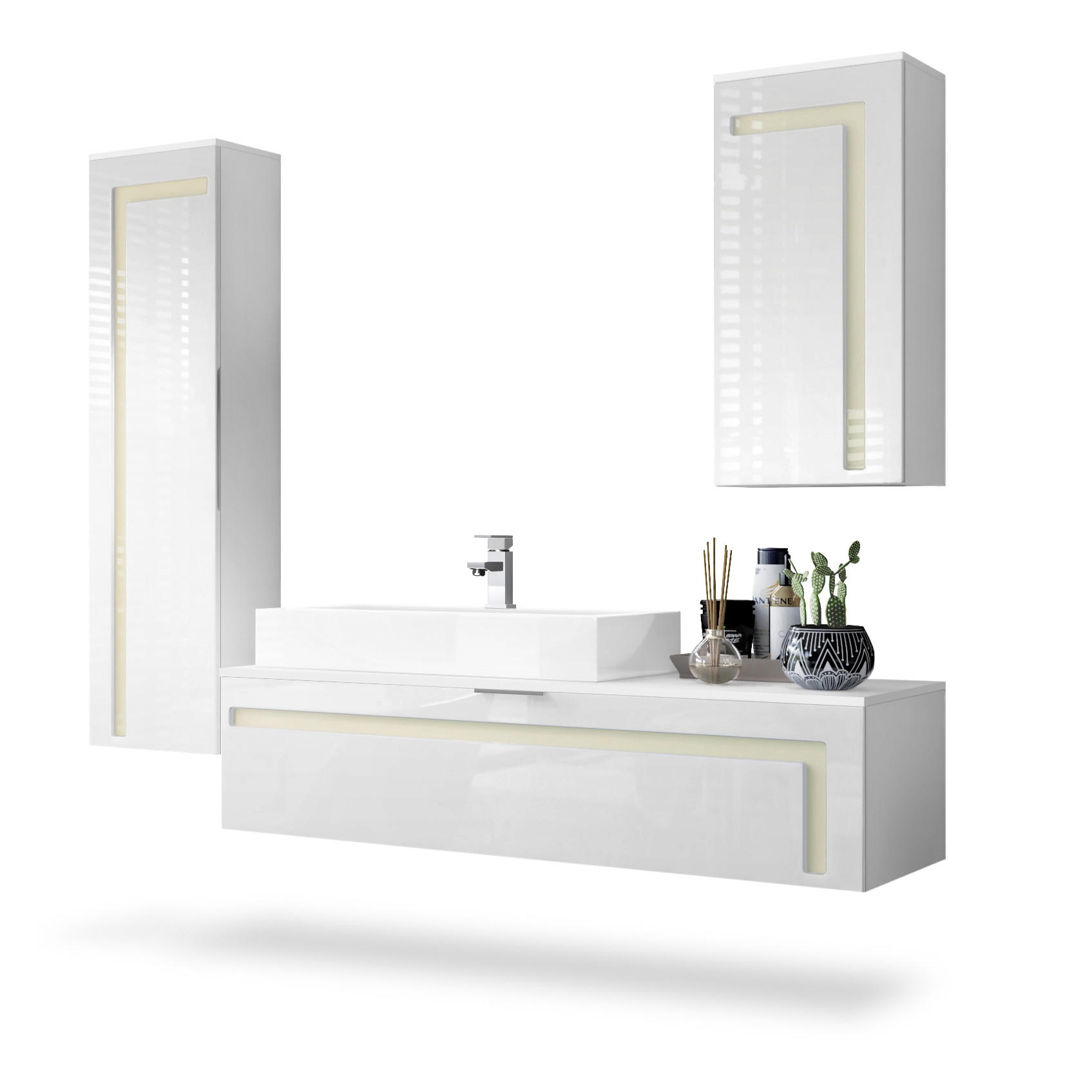 BADMÖBELSET Aloha Absetzungen in Creme Hochglanz - Creme, Holzwerkstoff (210/185/51cm) - Vladon