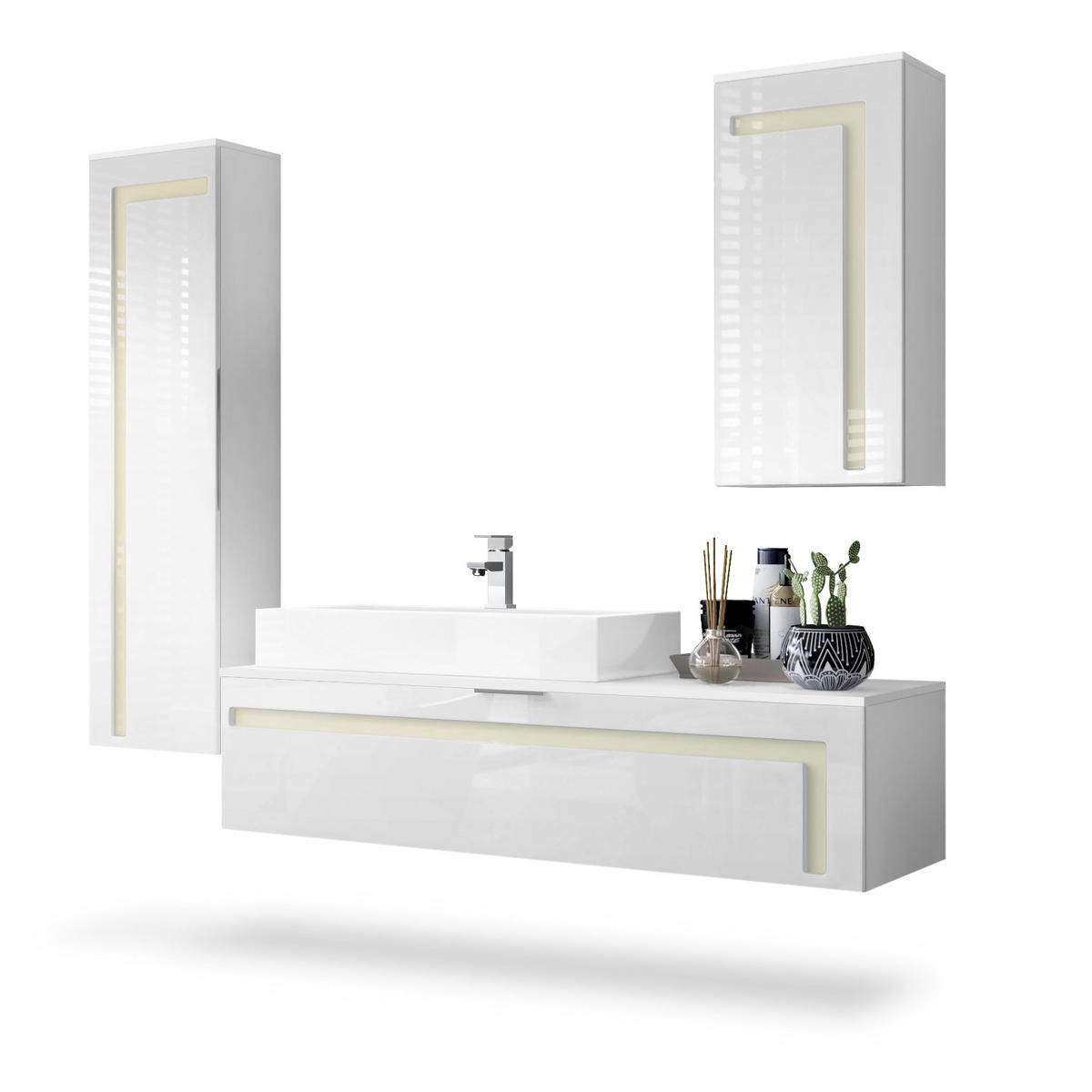 BADMÖBELSET Aloha Absetzungen in Creme Hochglanz - Creme, Holzwerkstoff (210/185/51cm) - Vladon