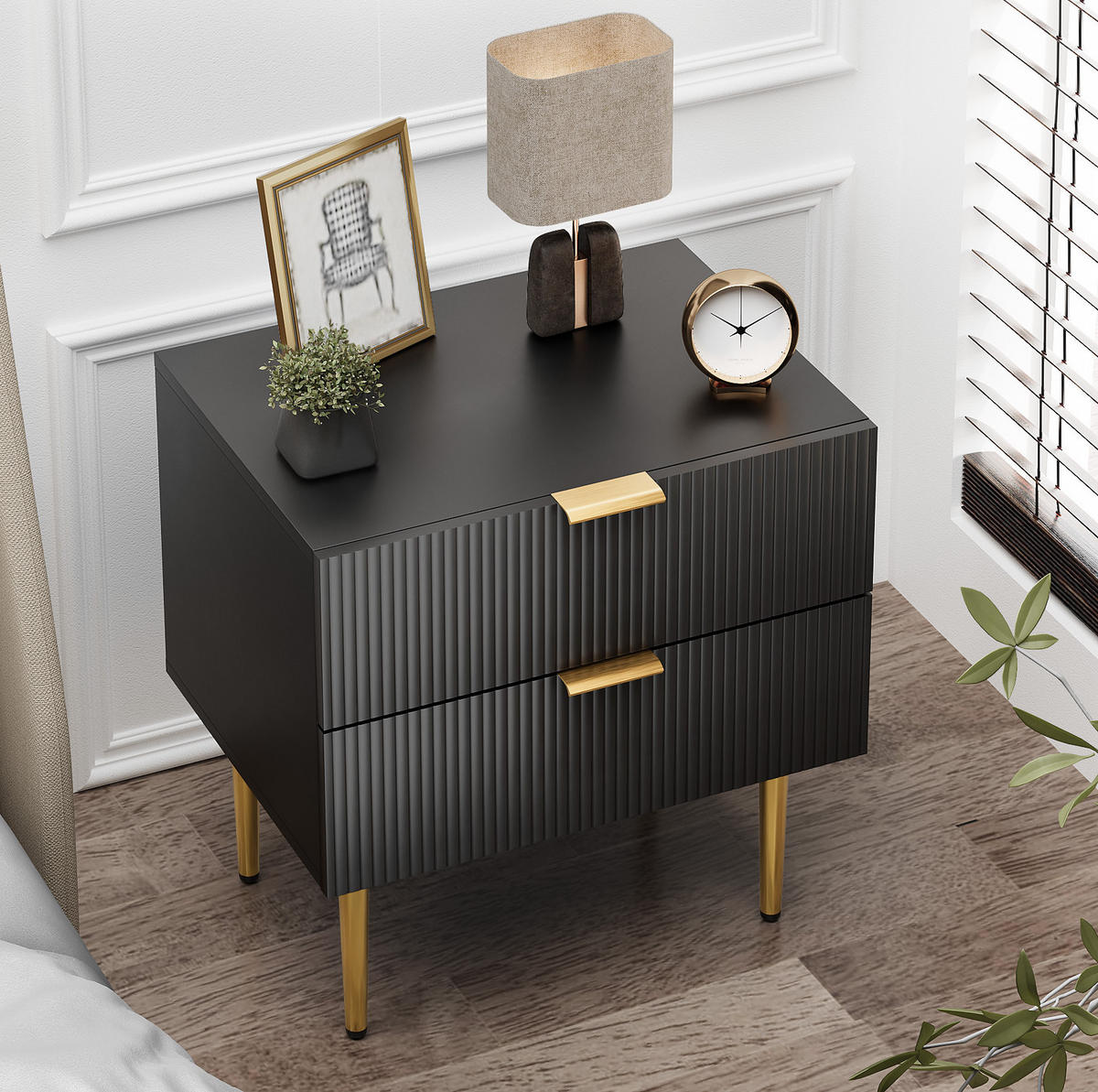 NACHTTISCH aus MDF und Metall 53x41x53 cm Schwarz mit 2 Schubladen und Rillenfront - Schwarz, Holzwerkstoff (53/53/41.3cm) - Modfu