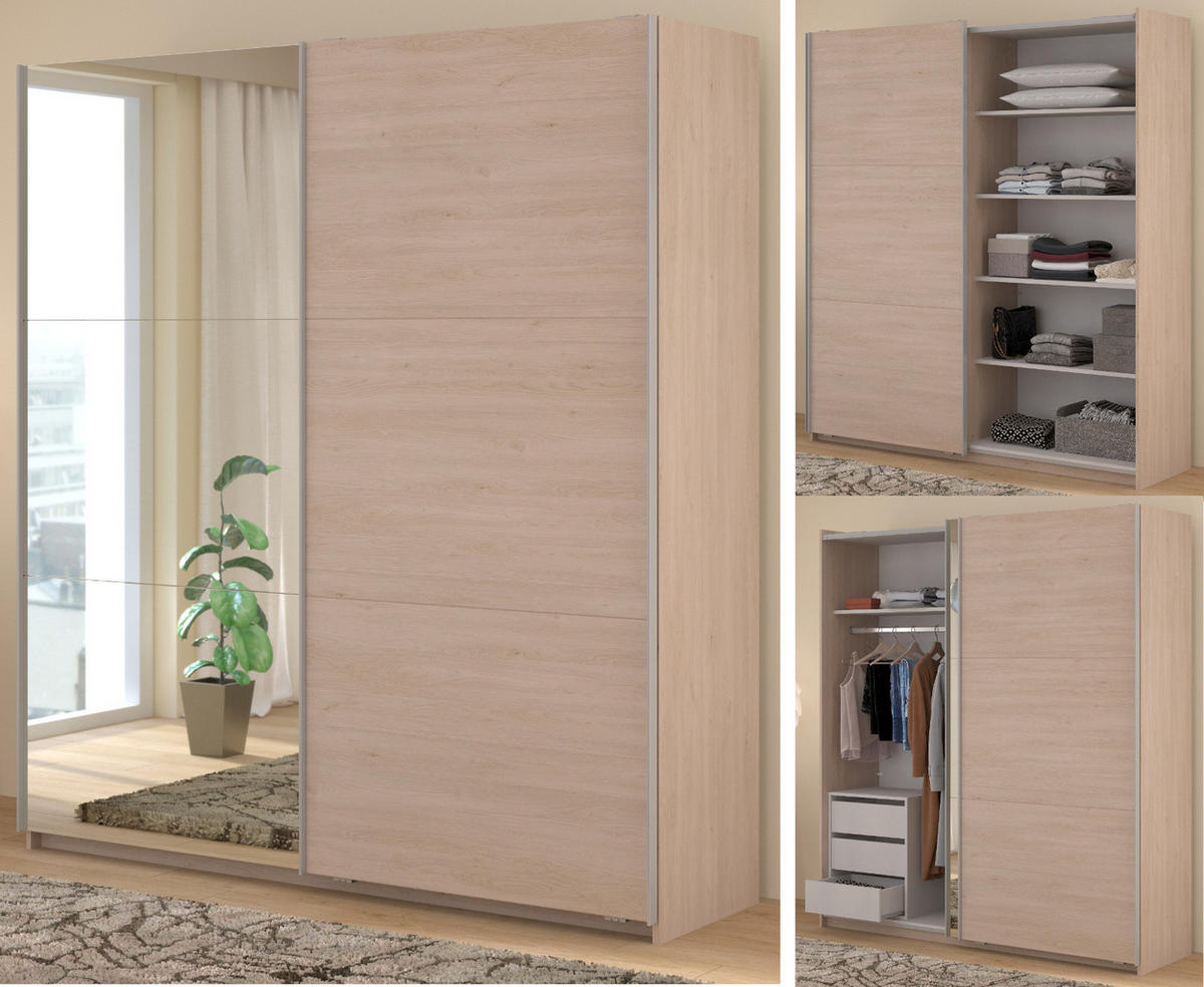 KLEIDERSCHRANK Eiche Jackson 178 cm, Schwebetürenschrank 2-türig mit Spiegel und Schubkasteneinsatz - Eichefarben, Glas/Holzwerkstoff (178/203/59cm) - Parisot Meuble