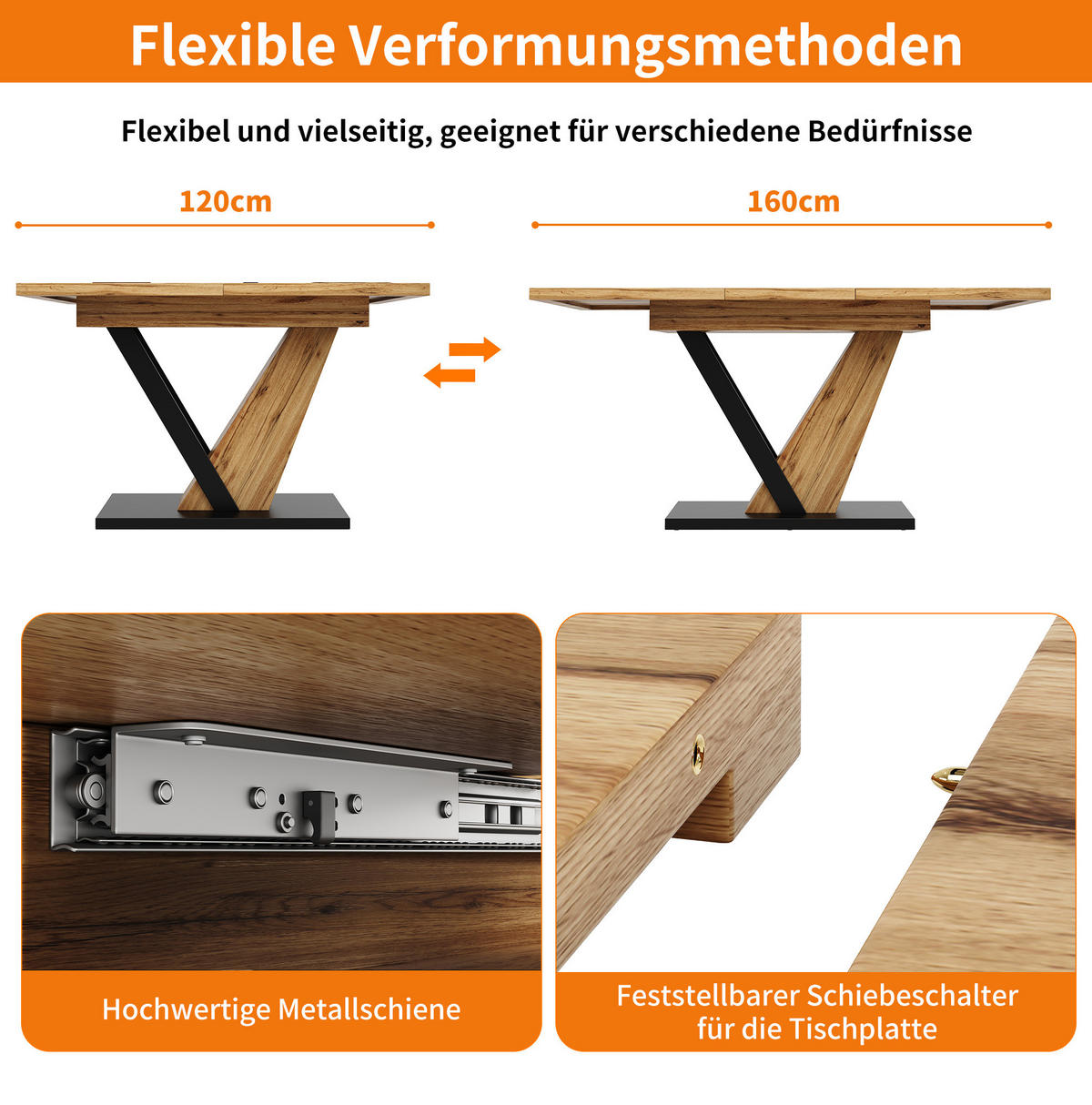 ESSTISCH 120/75/75,5 cm Holzfarben aus MDF und Metall mit Ausziehfunktion - Naturfarben, Holzwerkstoff (160/70/75.5cm) - OKMYHOME