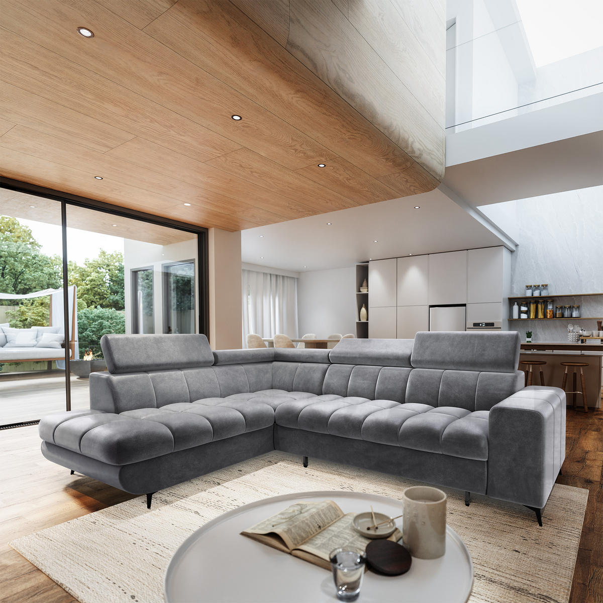 ECKSOFA MORIVA L-S Hellgrau Velours-Stoff mit Schlaffunktion - Hellgrau, Holz (253/190cm) - MASSENO