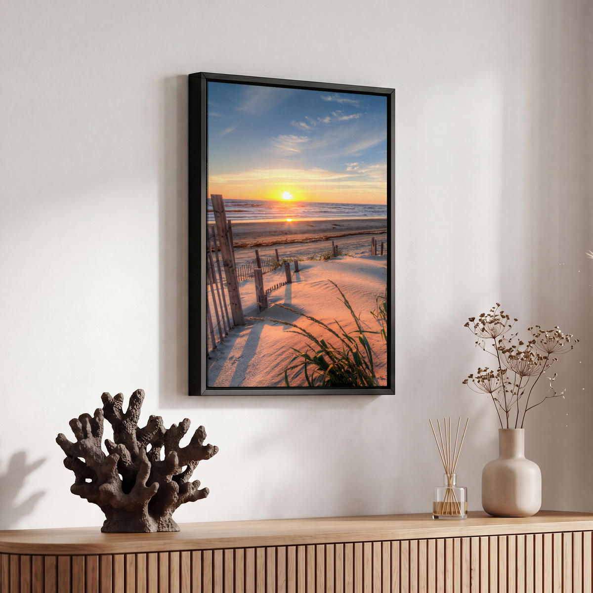 LEINWAND Bilder mit Rahmen - Strand - Meer - Düne - Sonnenuntergang - Landschaft - 20x30 - Beige, Textil (20/30cm) - MuchoWow
