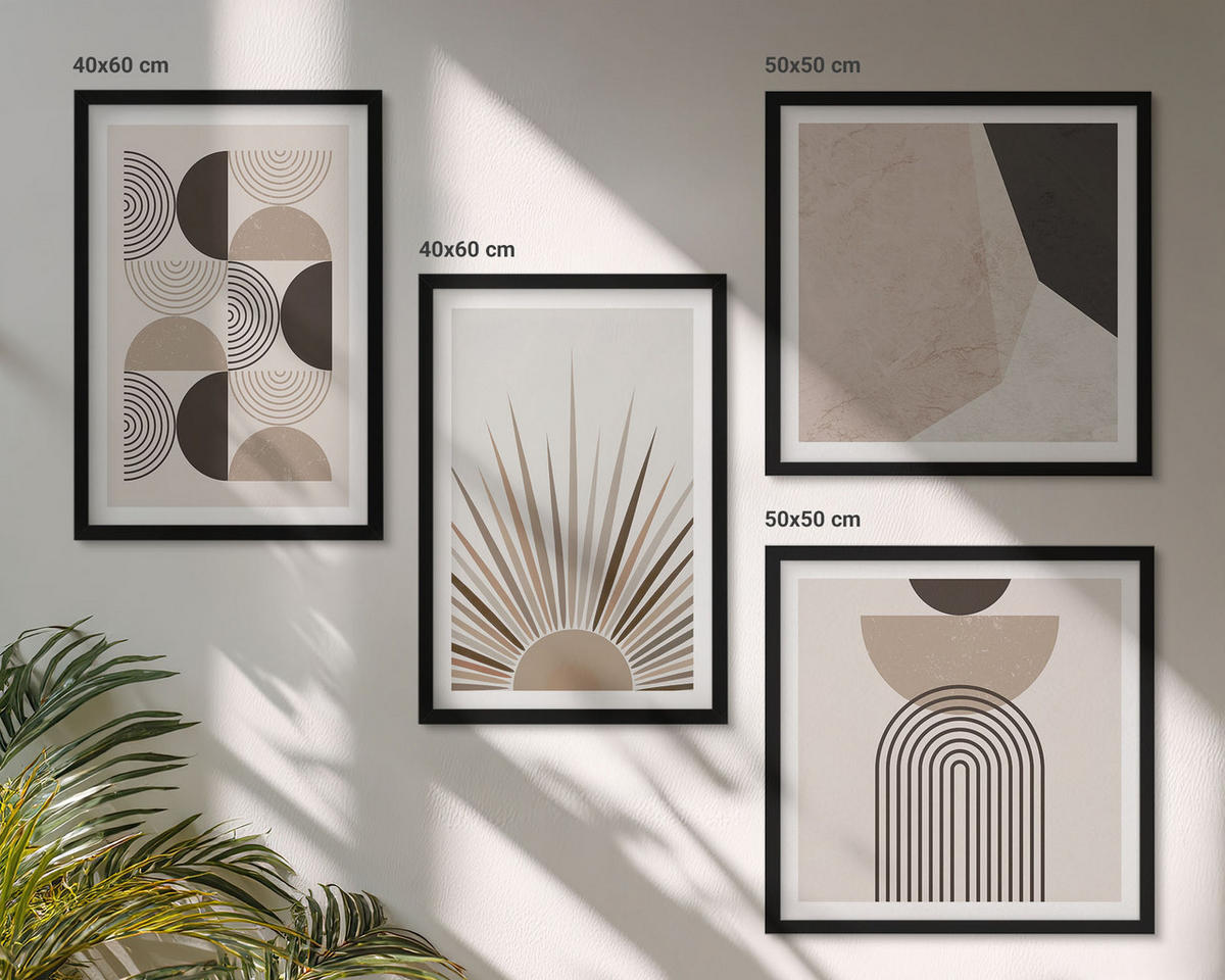 BILDER SET 4er Set - 50x50 cm & 40x60 cm Schwarzer Rahmen - Abstrakte beige und braune Formen - Schwarz, Kunststoff (50/50cm) - TULUP