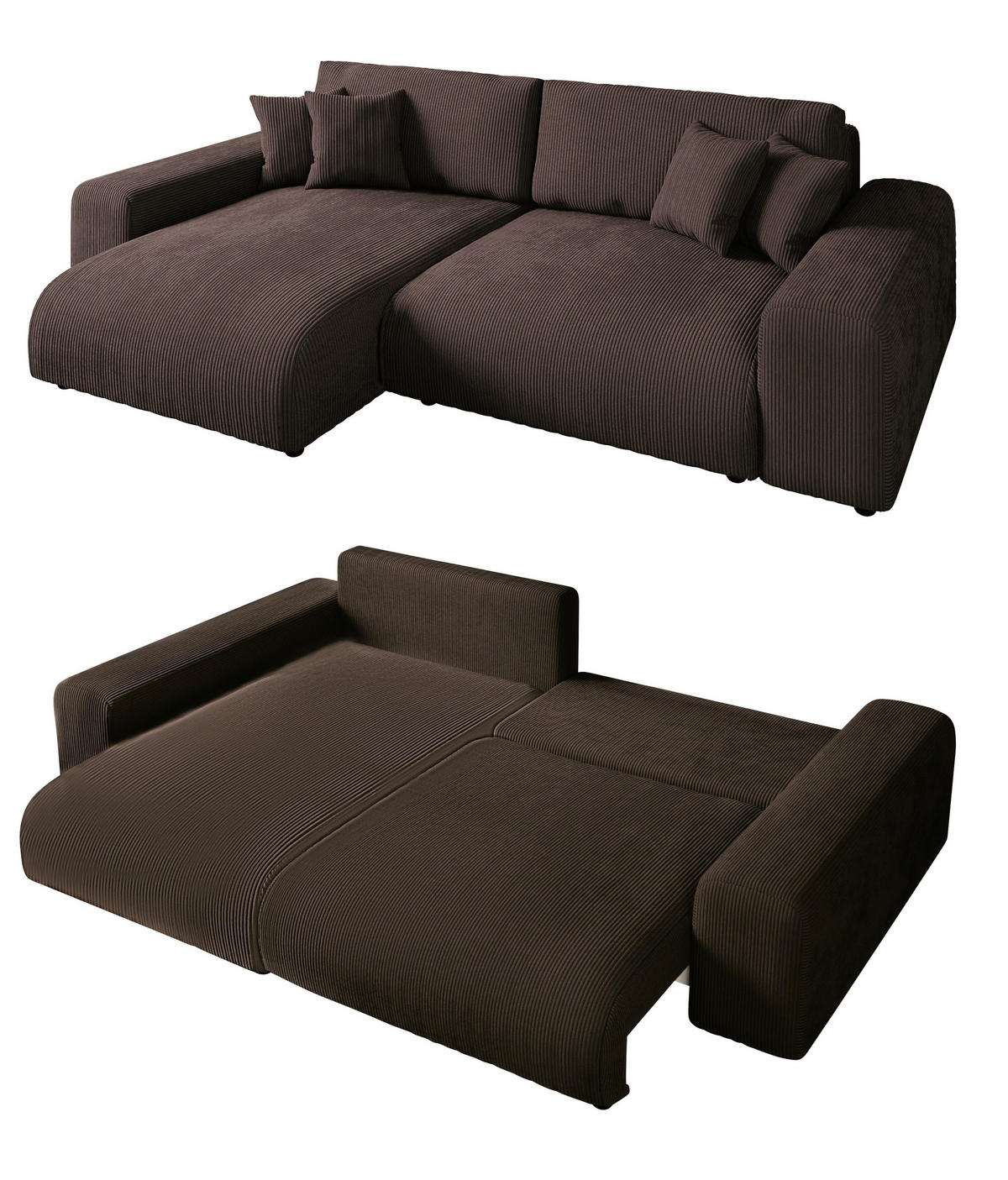 ECKSOFA mit Schlaffunktion und Bettkasten 255/165/84 cm, Wellenfedern, Ottomane beidseitig montierbar, Cord in Dunkel-Braun / 21003 - Dunkelbraun/Schwarz, Kunststoff/Textil (255/165cm) - luma-home