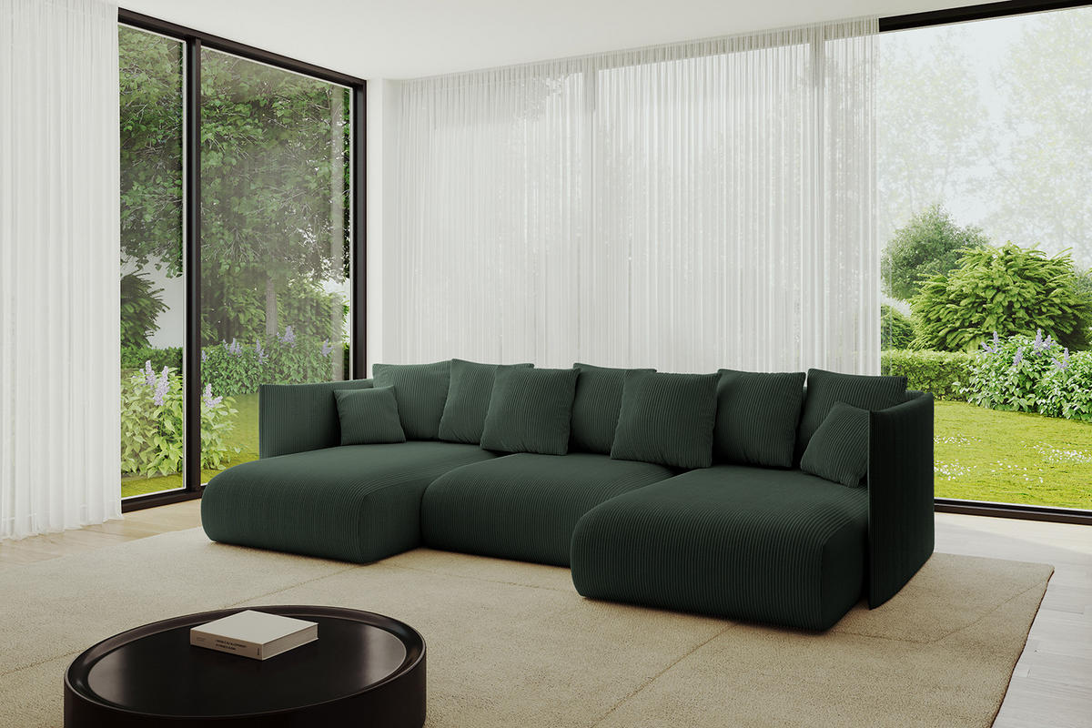 WOHNLANDSCHAFT mit Schlaffunktion und Bettkasten ONESK-U 304x165x40 Grün Cord - Grün, Holzwerkstoff/Kunststoff (304/90/165cm) - ALTDECOR