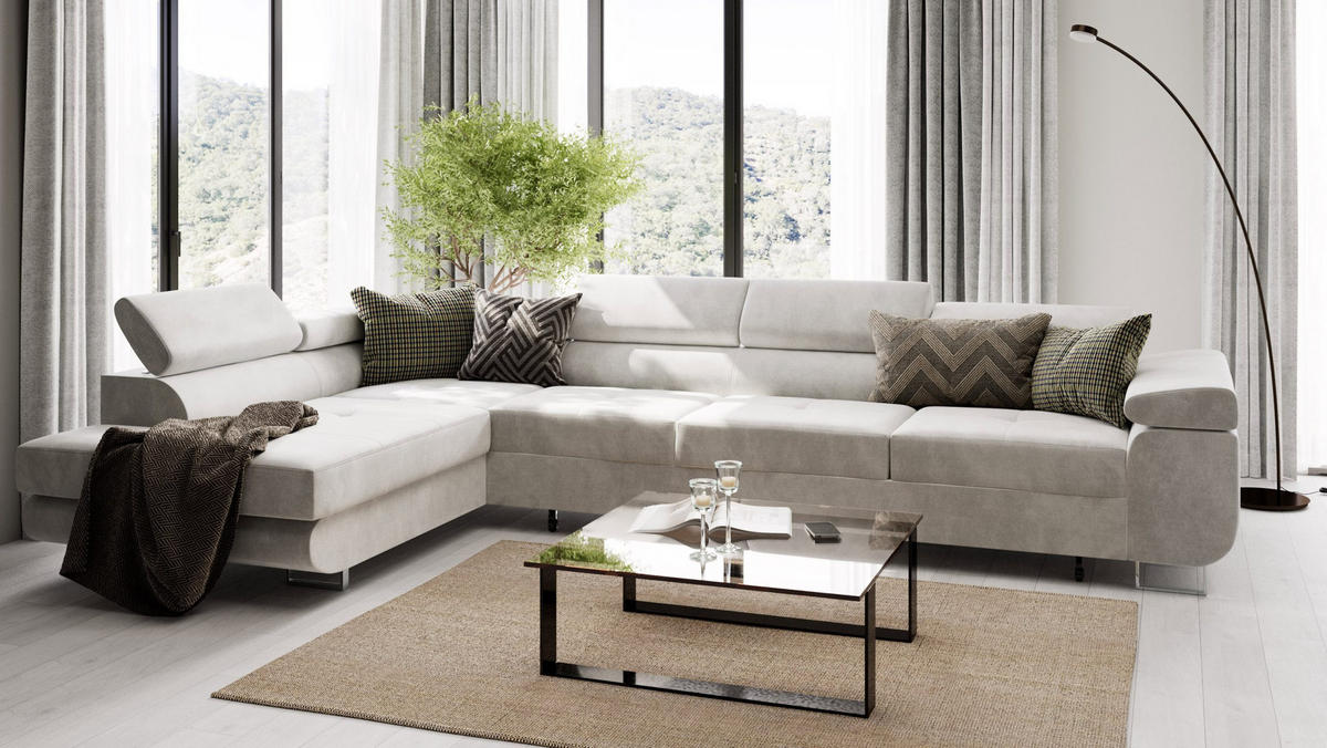 ECKSOFA VEMO NOVA Links Dunkelgrau Velours-Stoff mit Schlaffunktion und Bettkasten - Dunkelgrau, Textil (341/202cm) - Barchello