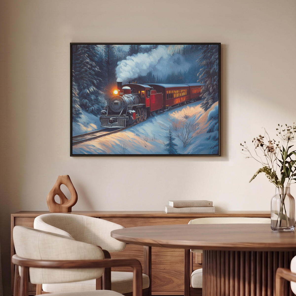 LEINWAND Bilder mit Rahmen - Zug - Weihnachten - Schnee - Weihnachtszug - 80x60 - Anthrazit, Textil (80/60cm) - MuchoWow