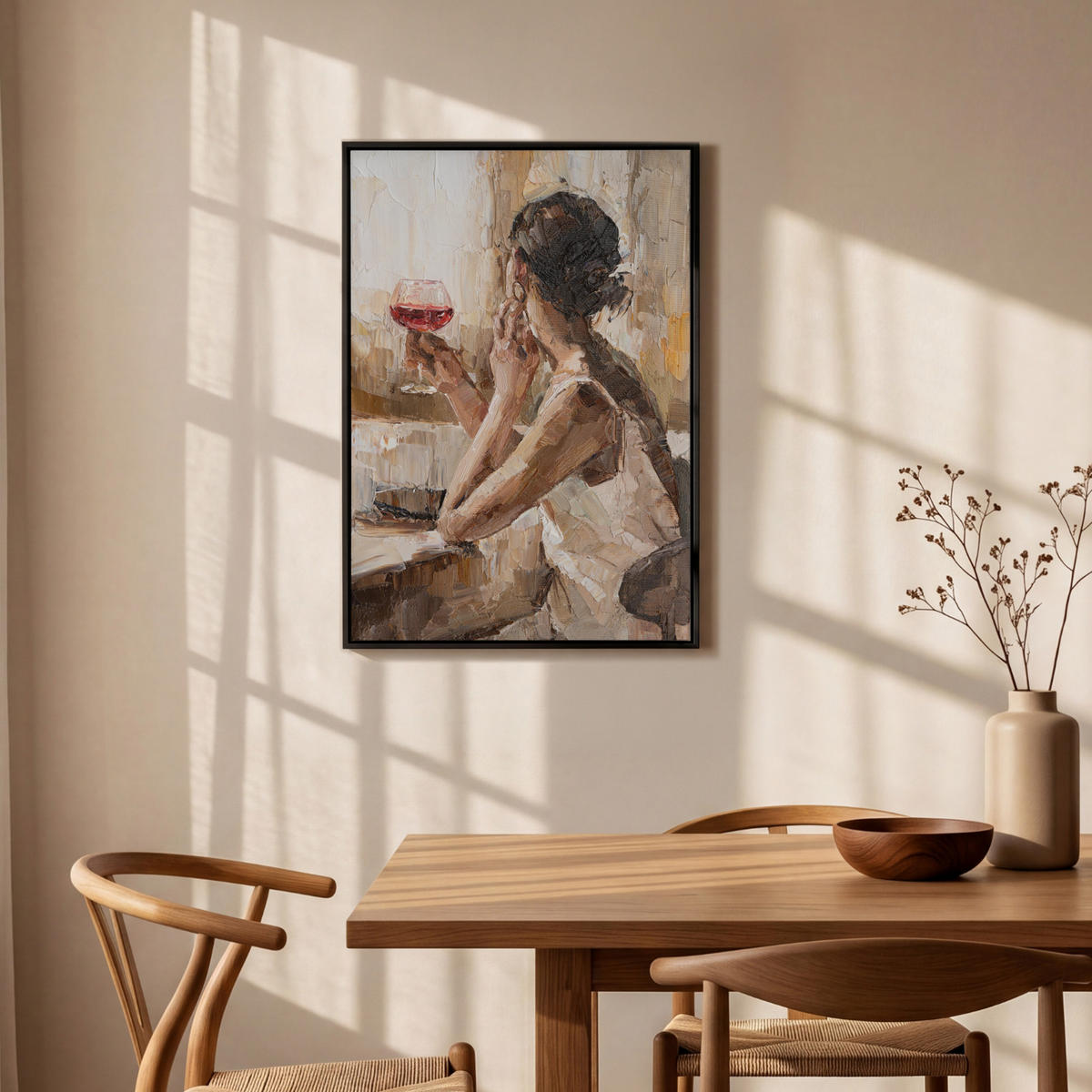 LEINWAND Bilder mit Rahmen - Ölgemälde - Frau - Wein - 60x90 - Hellbraun, Textil (60/90cm) - MuchoWow