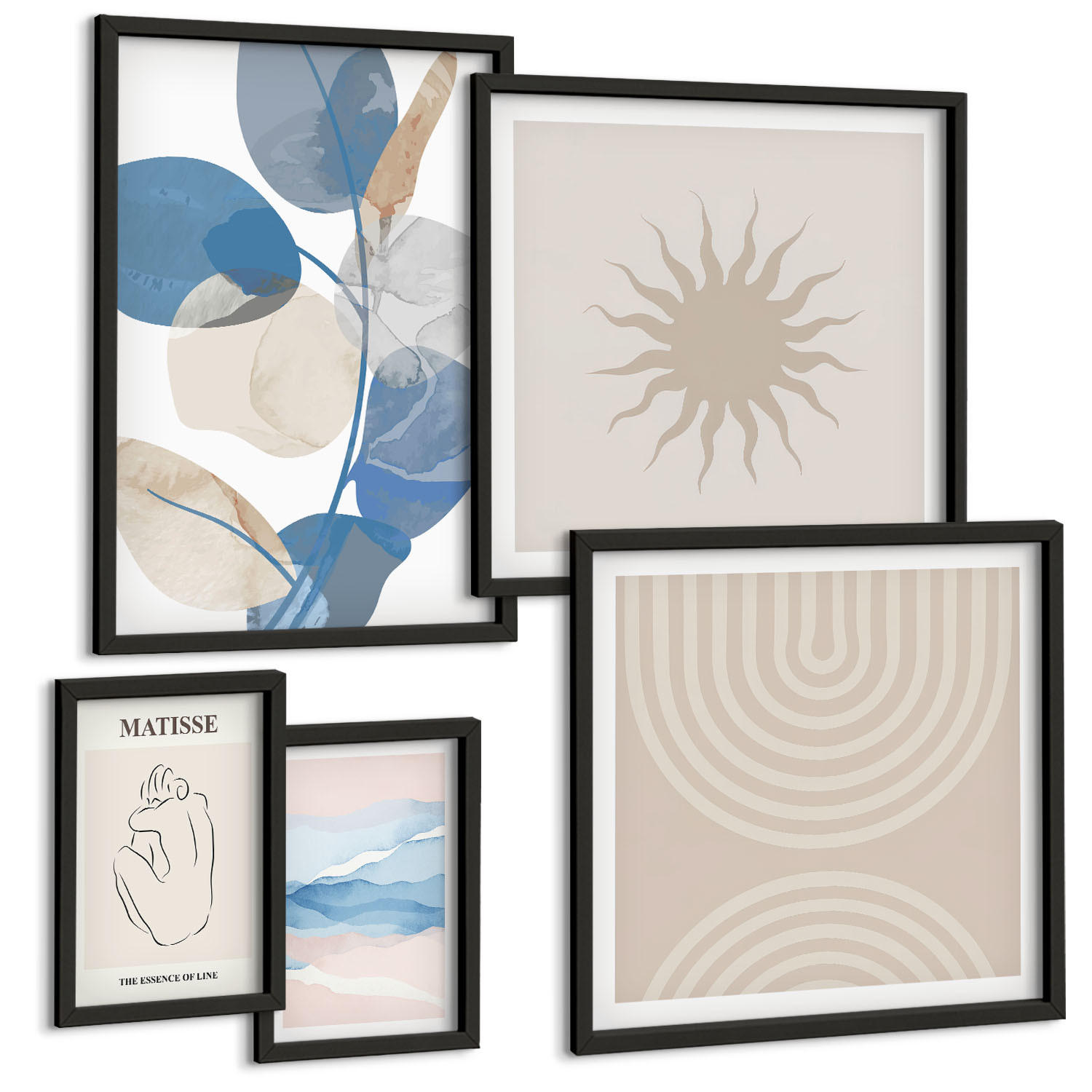 BILDER SET 5er Set - 50x50 cm & 20x30 cm & 40x60 cm Schwarzer Rahmen - Linien, Wellen, Pastellfarben, minimalistisch - Schwarz, Kunststoff (40/60cm) - TULUP