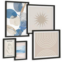 BILDER SET 5er Set - 50x50 cm & 20x30 cm & 40x60 cm Schwarzer Rahmen - Linien, Wellen, Pastellfarben, minimalistisch - Schwarz, Kunststoff (40/60cm) - TULUP