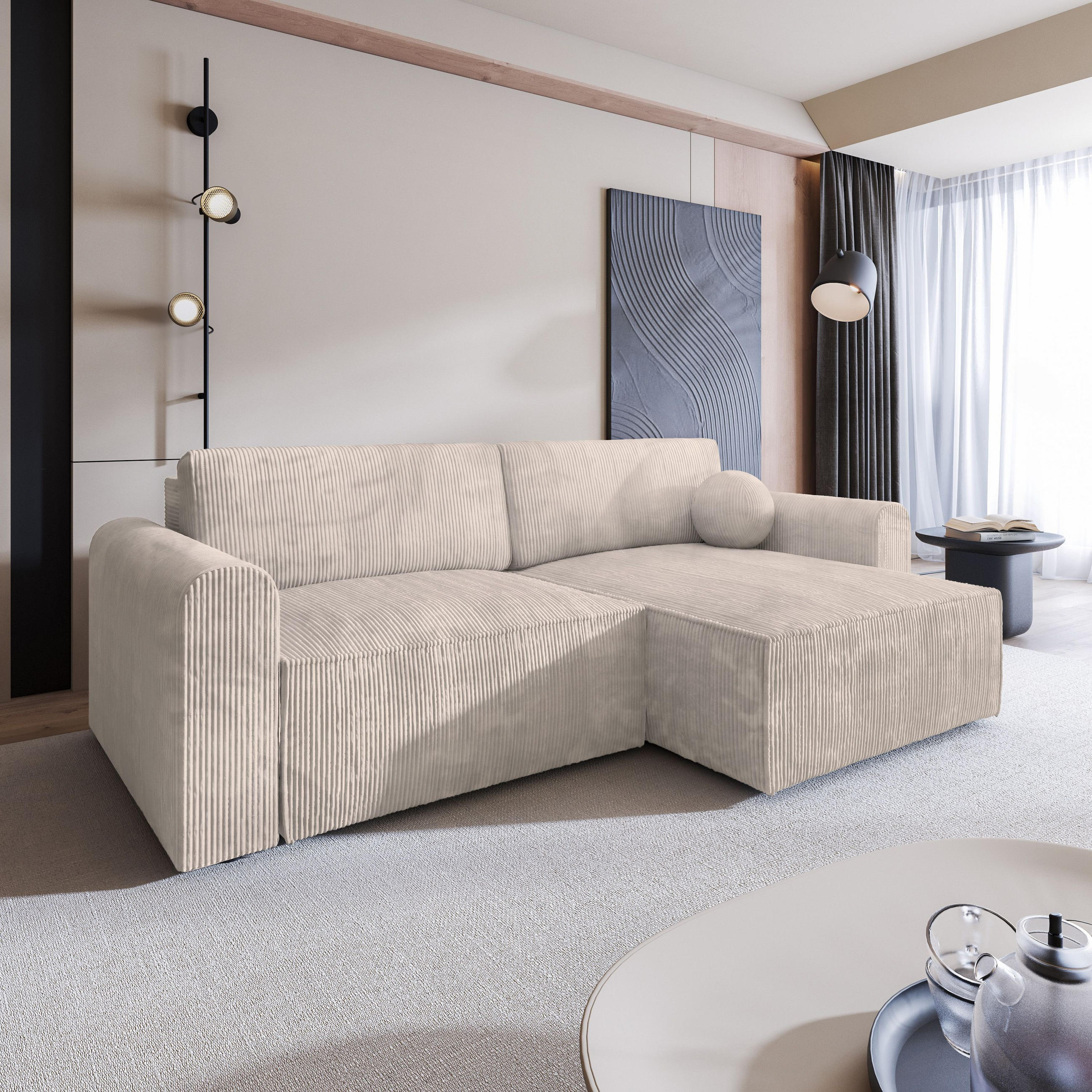ECKSOFA FIANO P Creme Kordstoff mit Schlaffunktion - Creme, Holz (245/148cm) - MASSENO