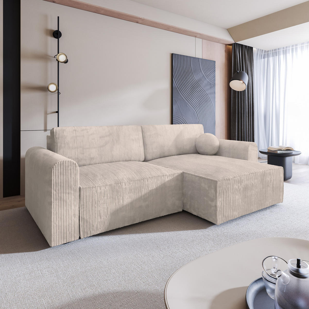 ECKSOFA FIANO P Creme Kordstoff mit Schlaffunktion - Creme, Holz (245/148cm) - MASSENO