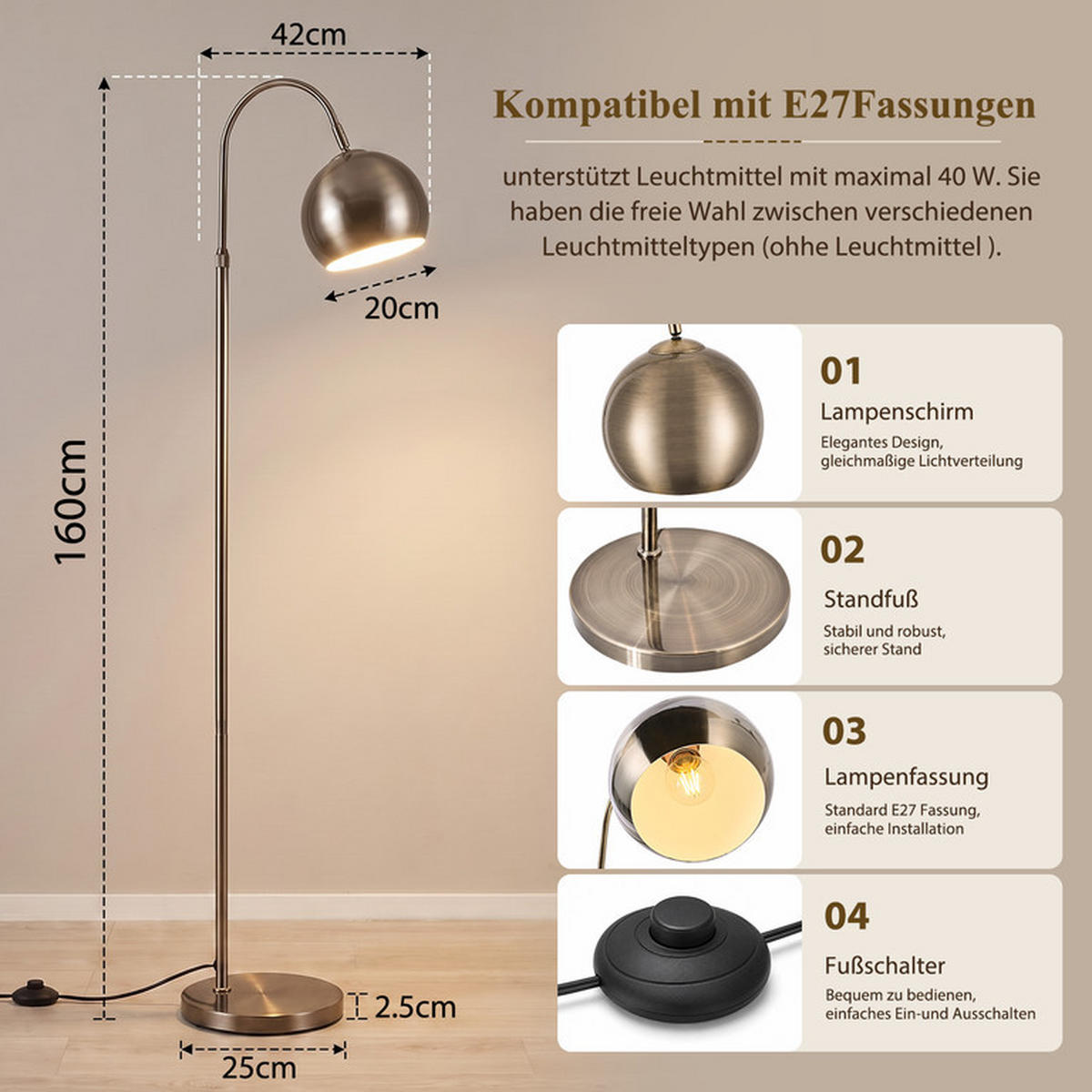 STEHLEUCHTE Gale II 42x42x160cm - Bronzefarben, Metall (42/42/160cm) - Nettlife
